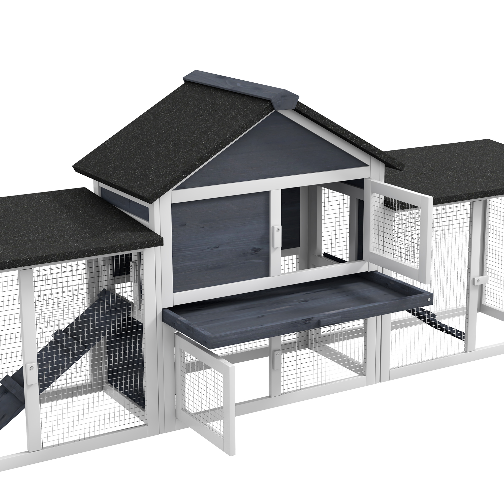 PawHut 83"L Outdoor Rabbit Hutch, Guinea Pig Cage Indoor Outdoor Wooden Bunny Hutch with Double Runs, Weatherproof Roof, Removable Tray, Ramps, Dark Gray