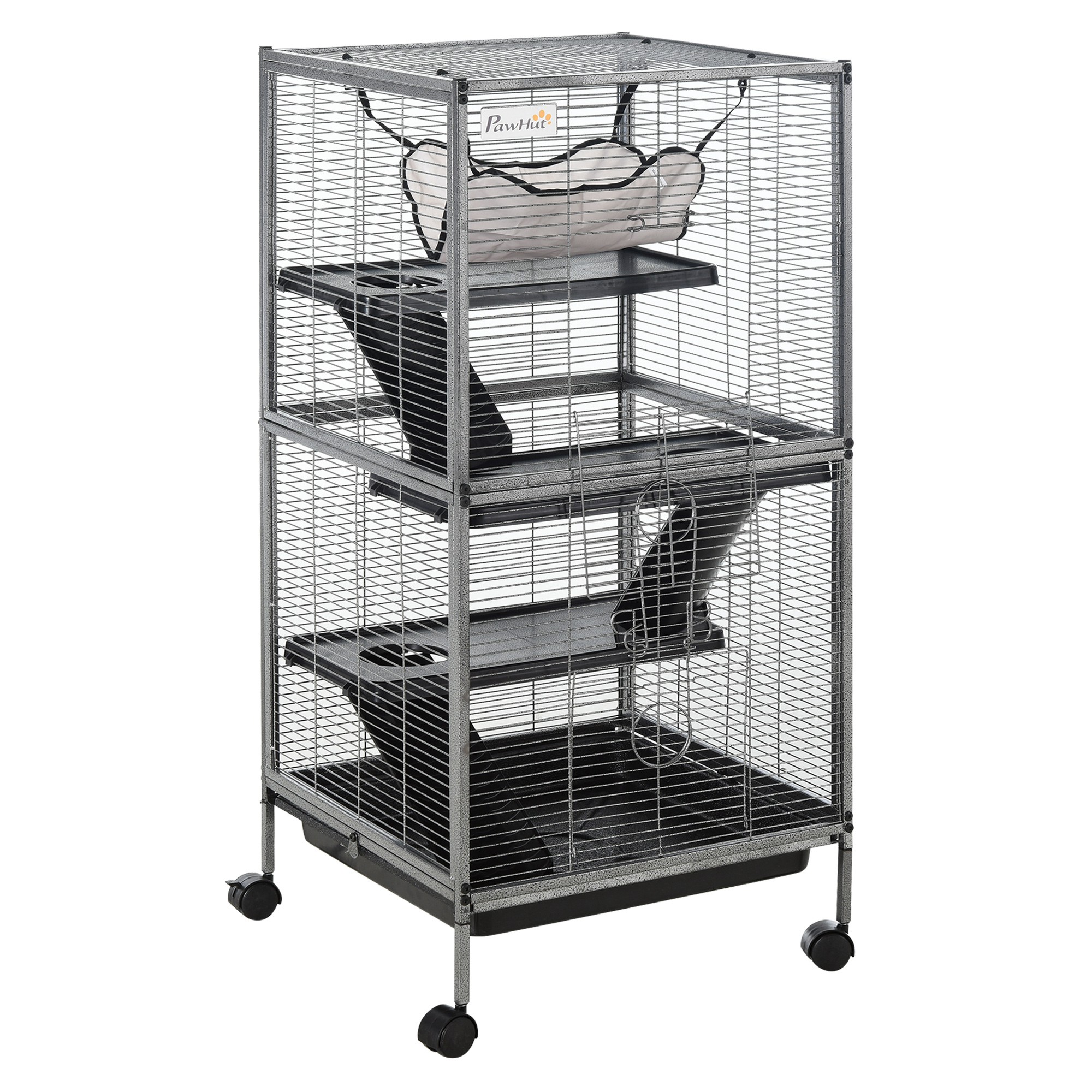 PawHut Metal Small Animal Cage Rolling Big Ferret Cage, Chinchilla Cage, Sugar Glider Cage, with Hammock & 4 Tiers, Removable Tray, Gray