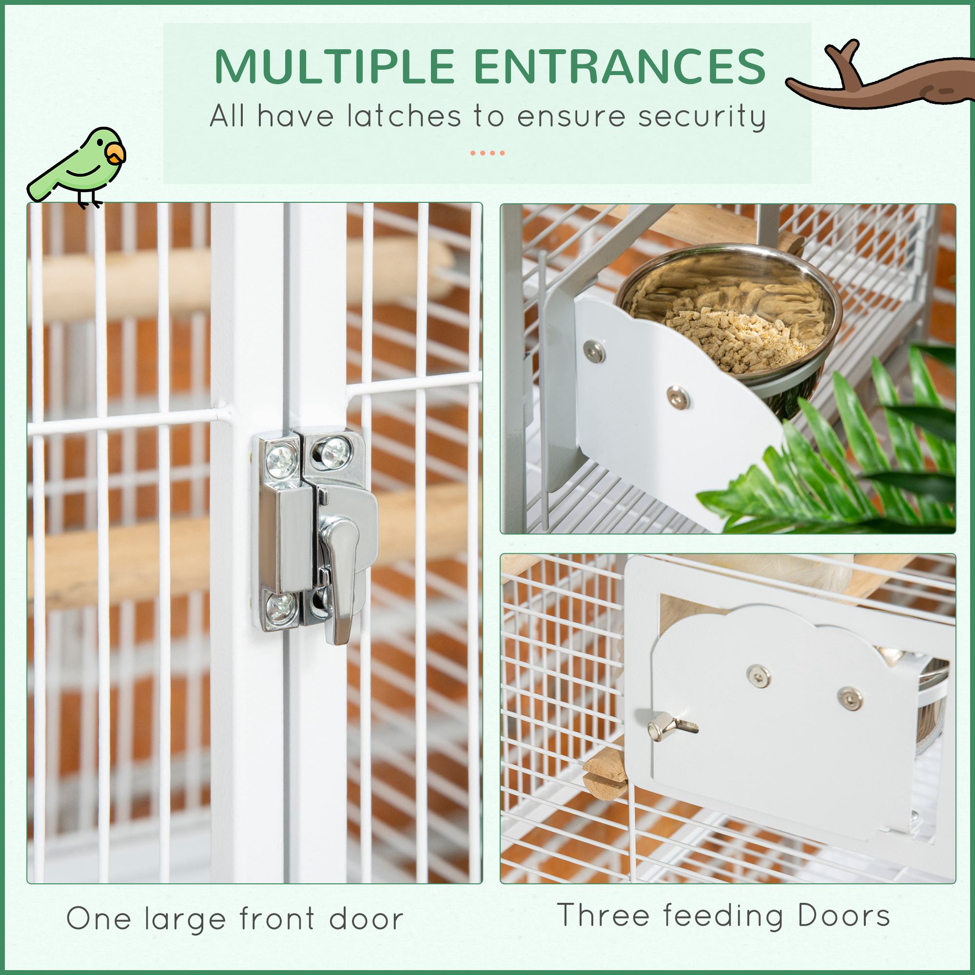 PawHut 55" Large Parrot Cage with Toy Hooks Above Top Bird Perch, Tray, Food Cups, Rolling Stand, Bird Cage for Cockatiels, Parakeets, Lovebirds