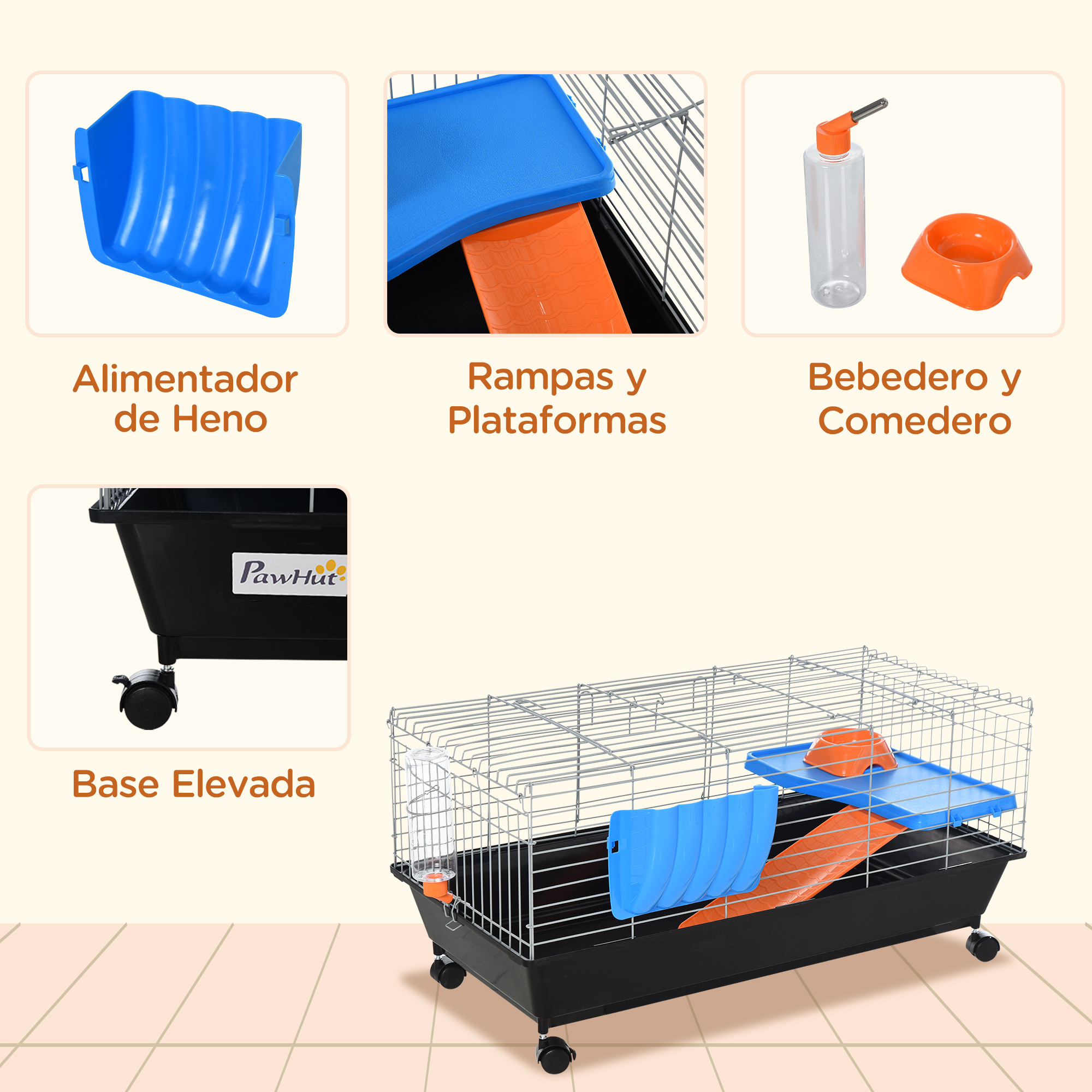 PawHut 35"L Small Animal Cage, Rolling Bunny Cage, Guinea Pig Cage with Food Dish, Water Bottle, Hay Feeder, Platform, Ramp for Ferret Chinchilla, Black