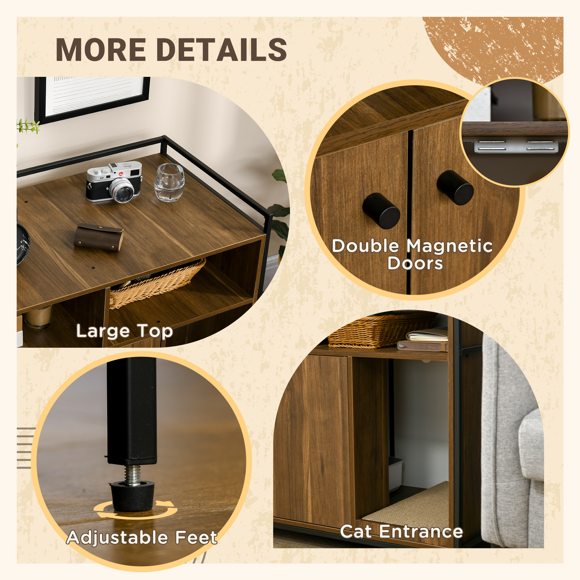 PawHut Cat litter box cabinet, Hidden Cat Litter Box with Scratching Pad, Storage, Double Doors, Furniture Style, Brown