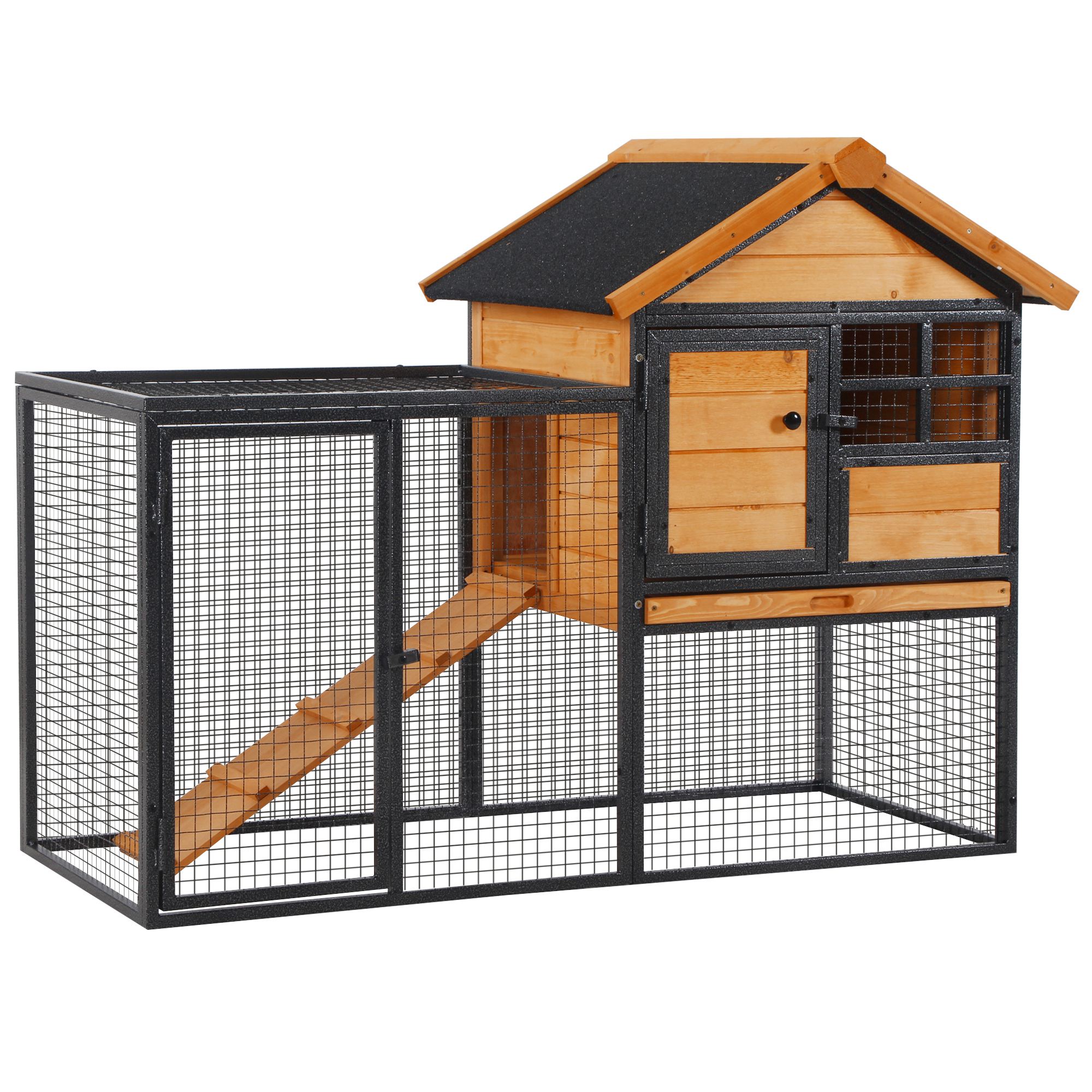 PawHut 2-Level Rabbit Hutch Bunny House with Weatherproof Asphalt Roof, Removable Tray and Ramp for Outdoor