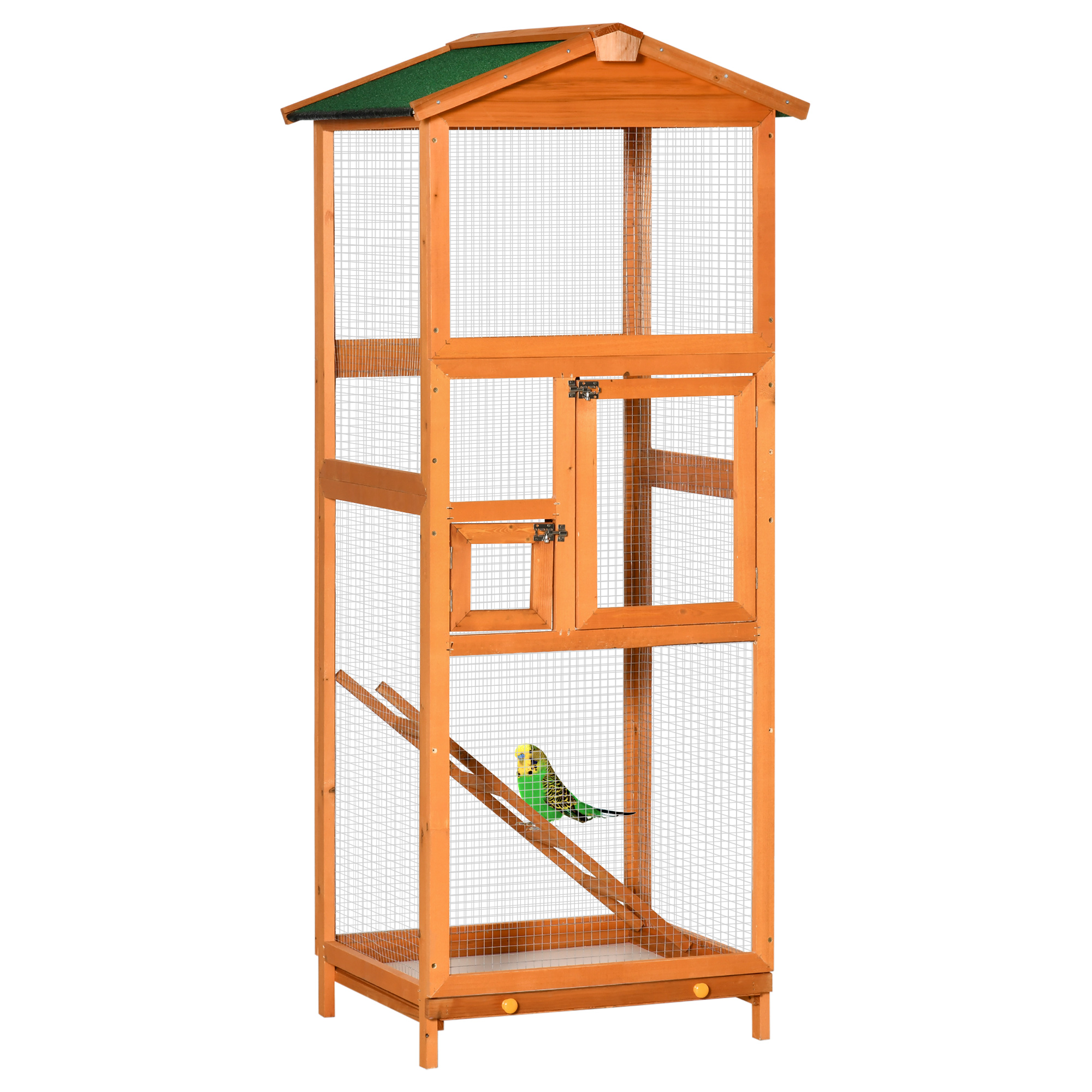 PawHut 65" Wooden Bird Cage Outdoor Aviary House for Parrot, Parakeet, with Pull Out Tray and 2 Doors, Orange