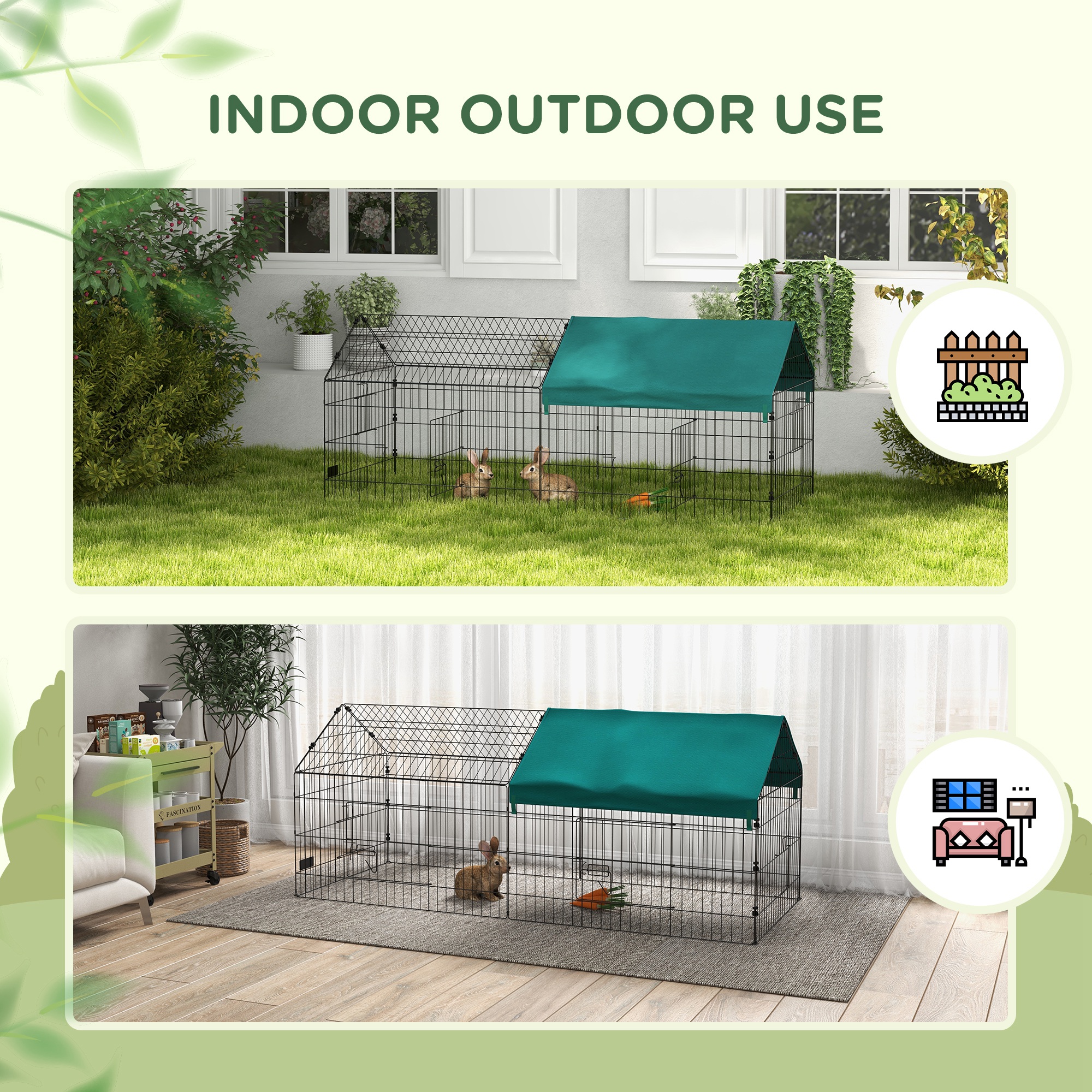 PawHut 73" Small Animal Playpen, Pet Playpen Yard Fence for Rabbits, Chicken, Chinchillas with Roof for Indoor & Outdoor, Green