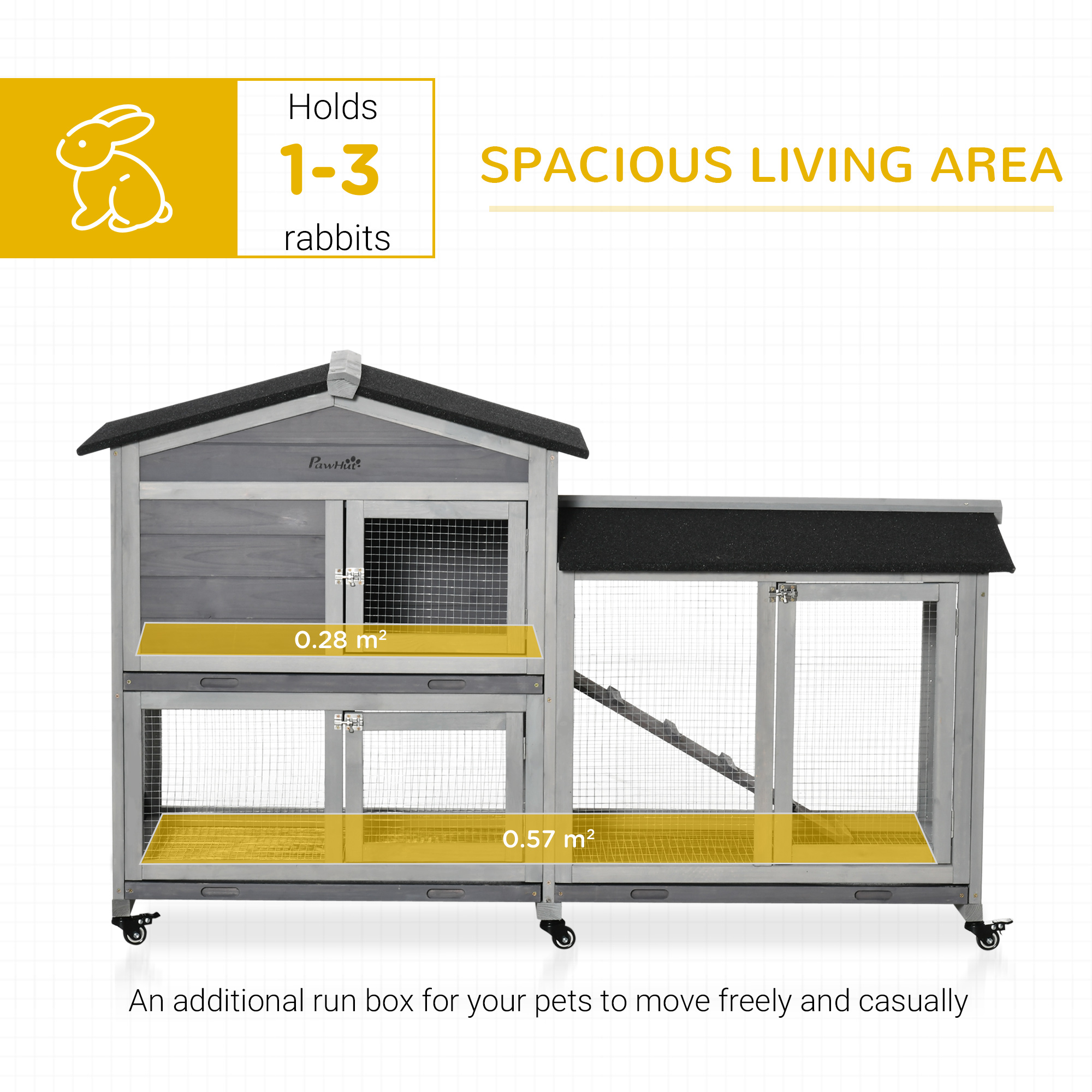 PawHut 62" Wooden Rabbit Hutch, Bunny Cage, Pet Playpen House with Wheels, Run Box, No Leak Tray, and Ramp for Small Animals, Indoor/Outdoor Use, Light Gray