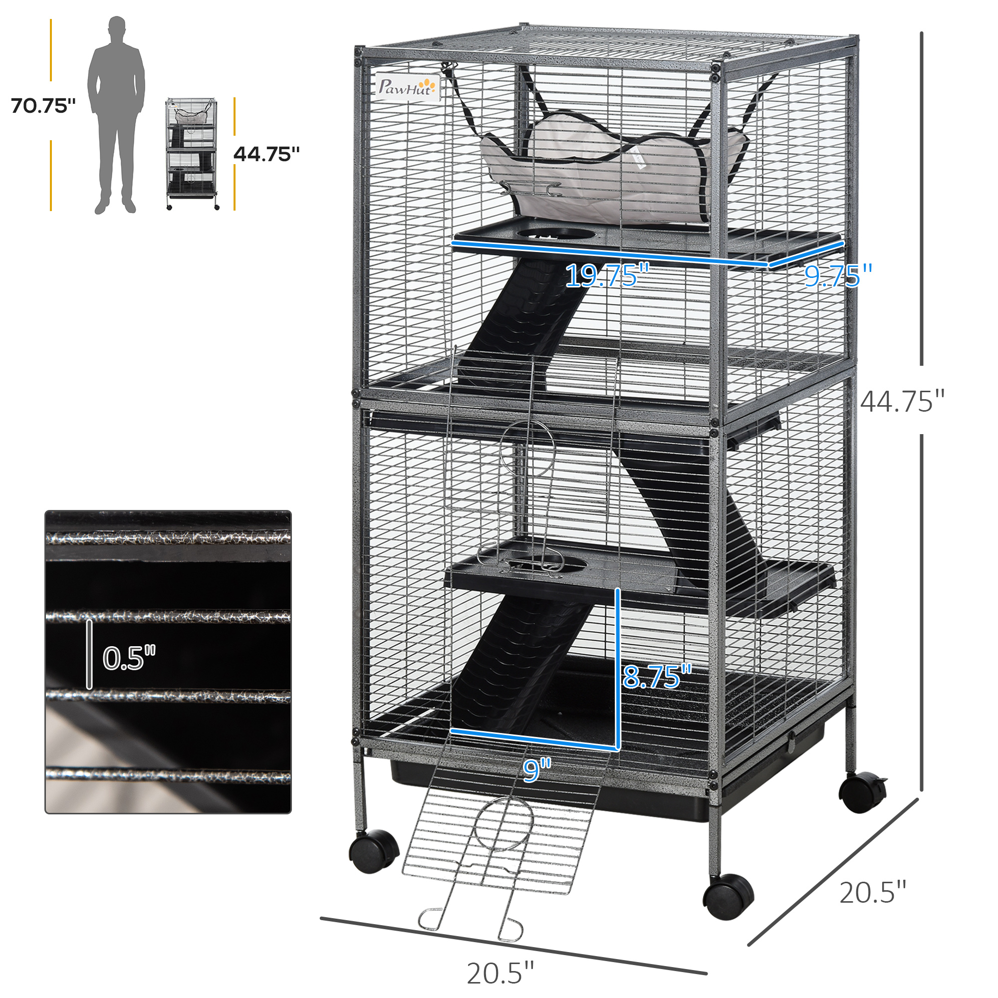 PawHut Metal Small Animal Cage Rolling Big Ferret Cage, Chinchilla Cage, Sugar Glider Cage, with Hammock & 4 Tiers, Removable Tray, Gray