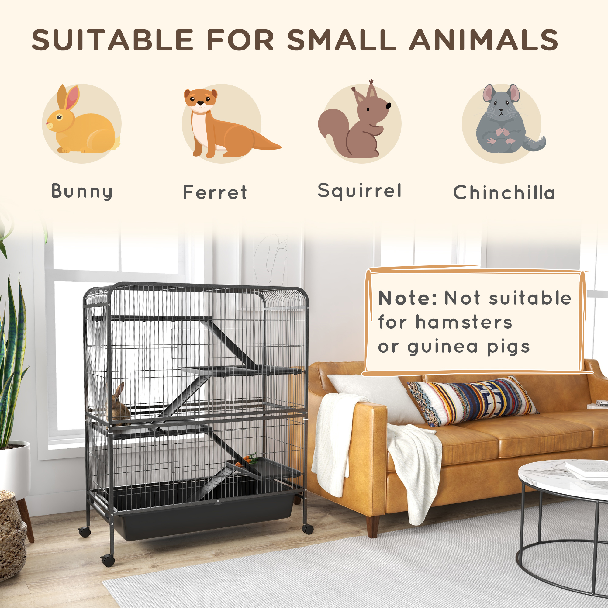 PawHut 53.5" Small Animal Cage, 5-Level Metal Ferret or Bunny Cage with Wheels, Chinchilla Cage with Removable Tray, 2 Front Doors, Ramps, Gray