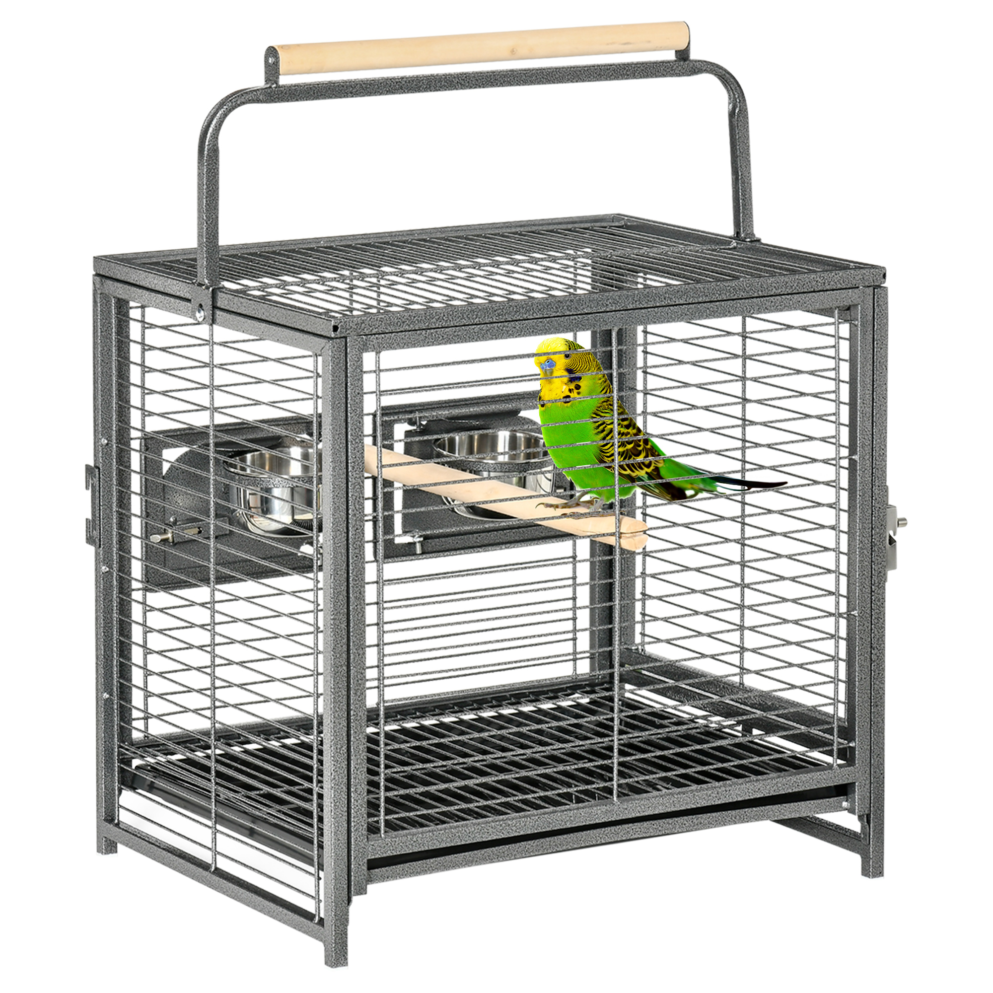 PawHut 19" Travel Bird Cage Parrot Carrier with Handle Wooden Perch for Cockatiels, Conures, Black