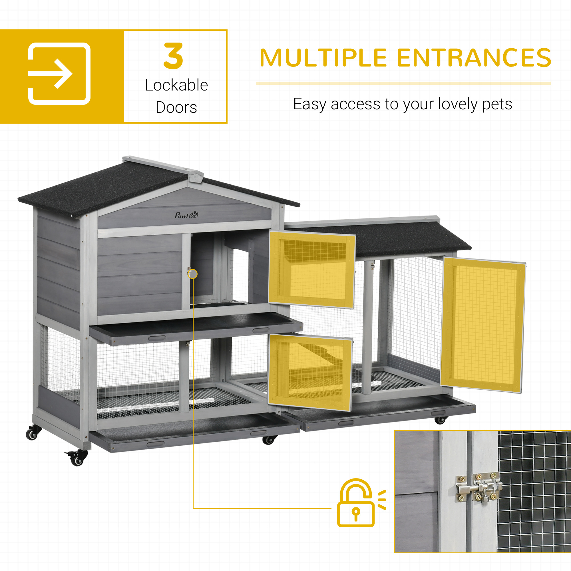 PawHut 62" Wooden Rabbit Hutch, Bunny Cage, Pet Playpen House with Wheels, Run Box, No Leak Tray, and Ramp for Small Animals, Indoor/Outdoor Use, Light Gray