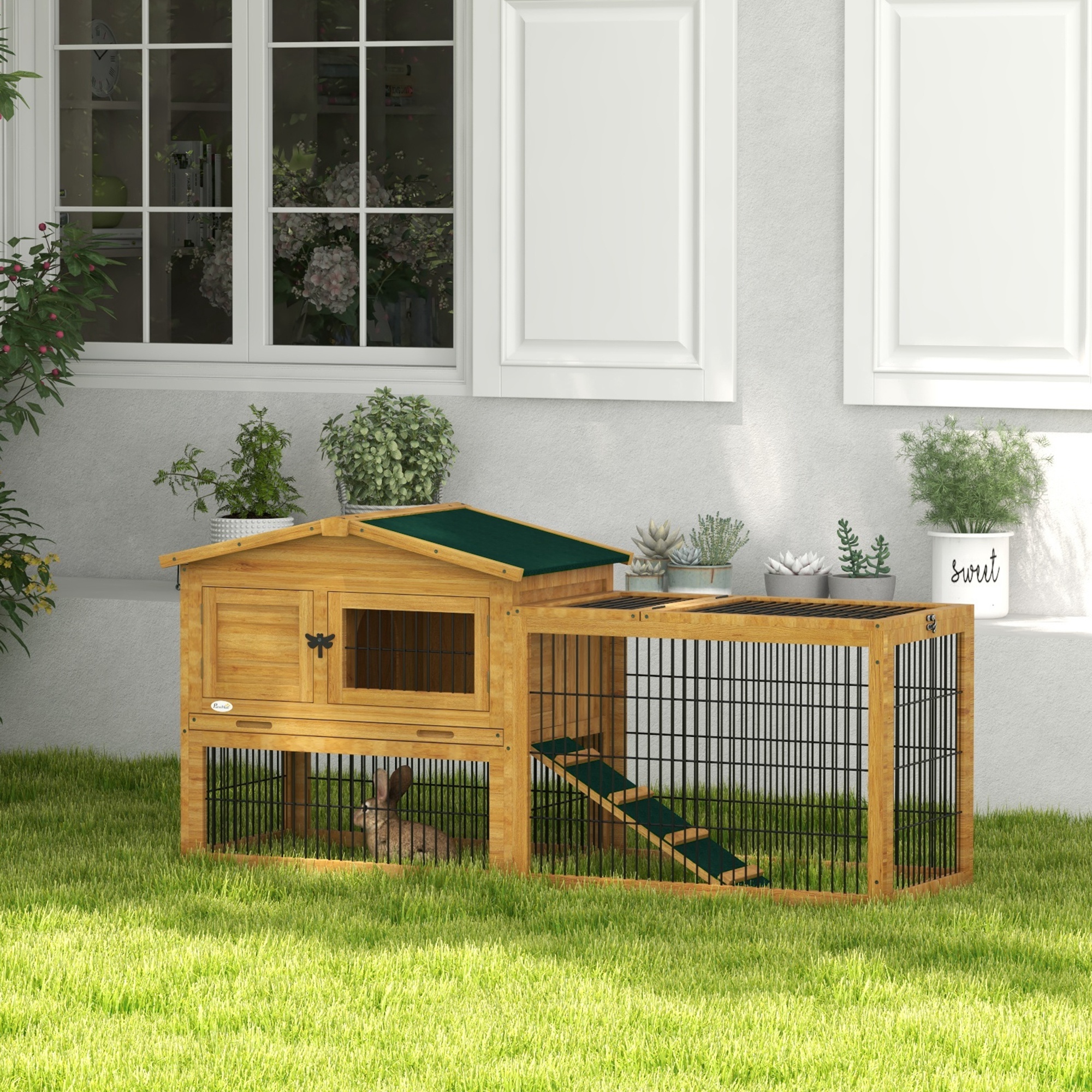 PawHut 2 Levels Outdoor Rabbit Hutch with Openable Top, 59" Wooden Large Rabbit Cage with Run Weatherproof Roof, Removable Tray, Ramp, Yellow