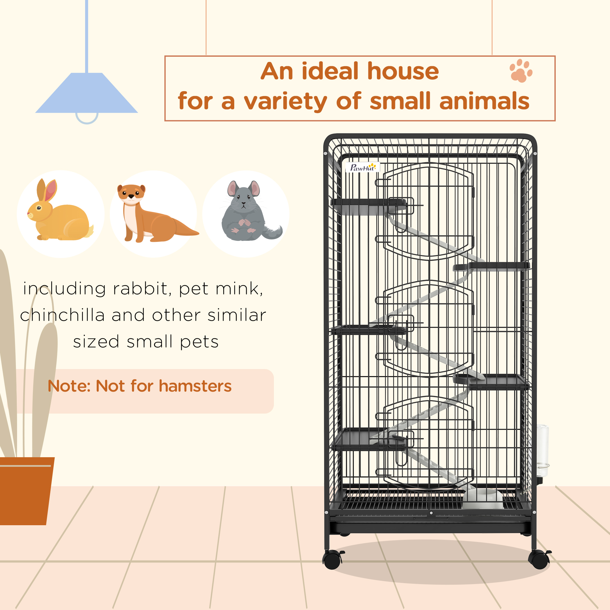 PawHut 6 Level Small Animal Cage for Dwarf Rabbits, Pet Minks, and Chinchillas w/ Removable Tray, Ramp, Water Bottle, Food Dish, Small Pet Cage for Indoor Use, Black