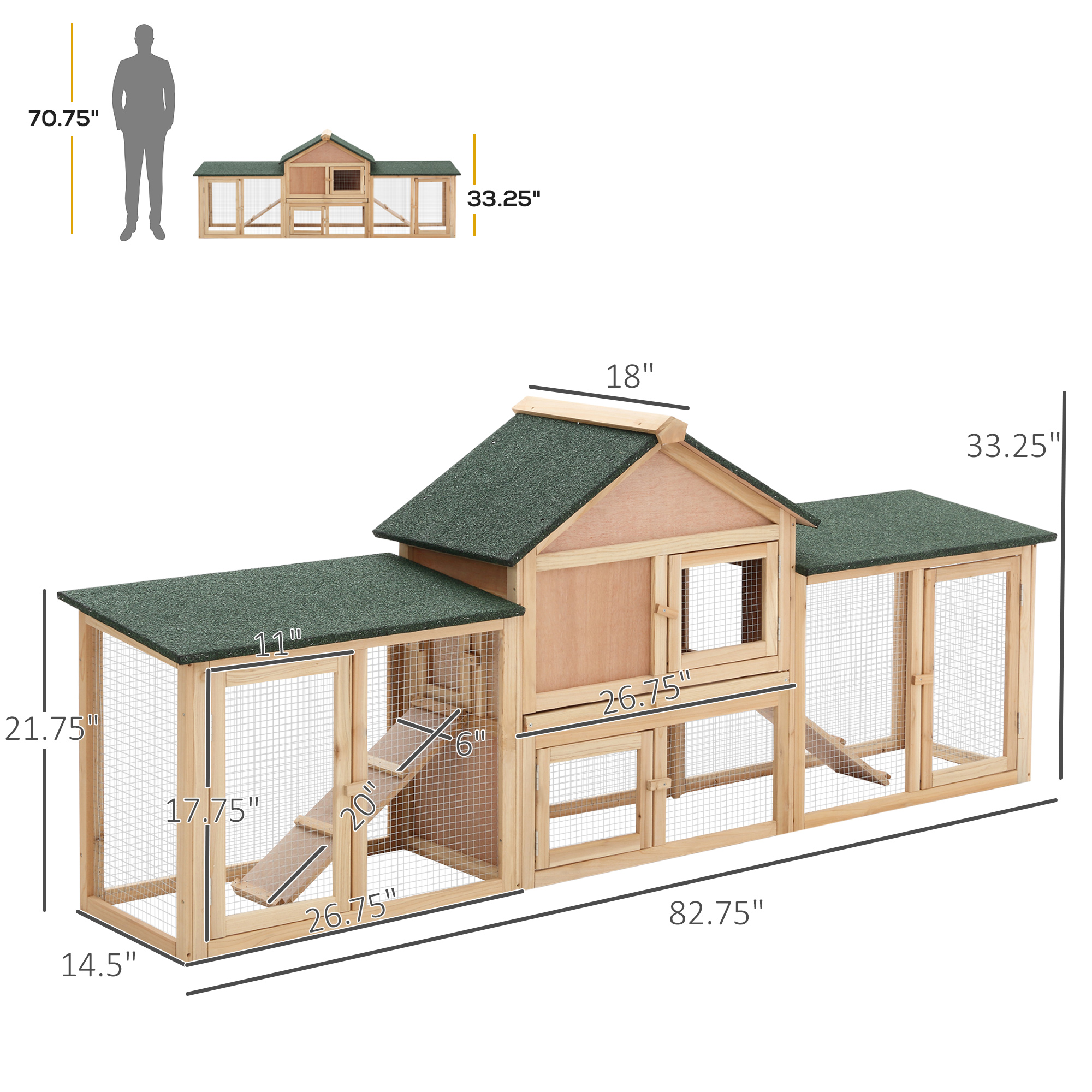 PawHut 83"L Outdoor Rabbit Hutch, Guinea Pig Cage Indoor Outdoor Wooden Bunny Hutch with Double Runs, Weatherproof Roof, Removable Tray, Ramps, Natural