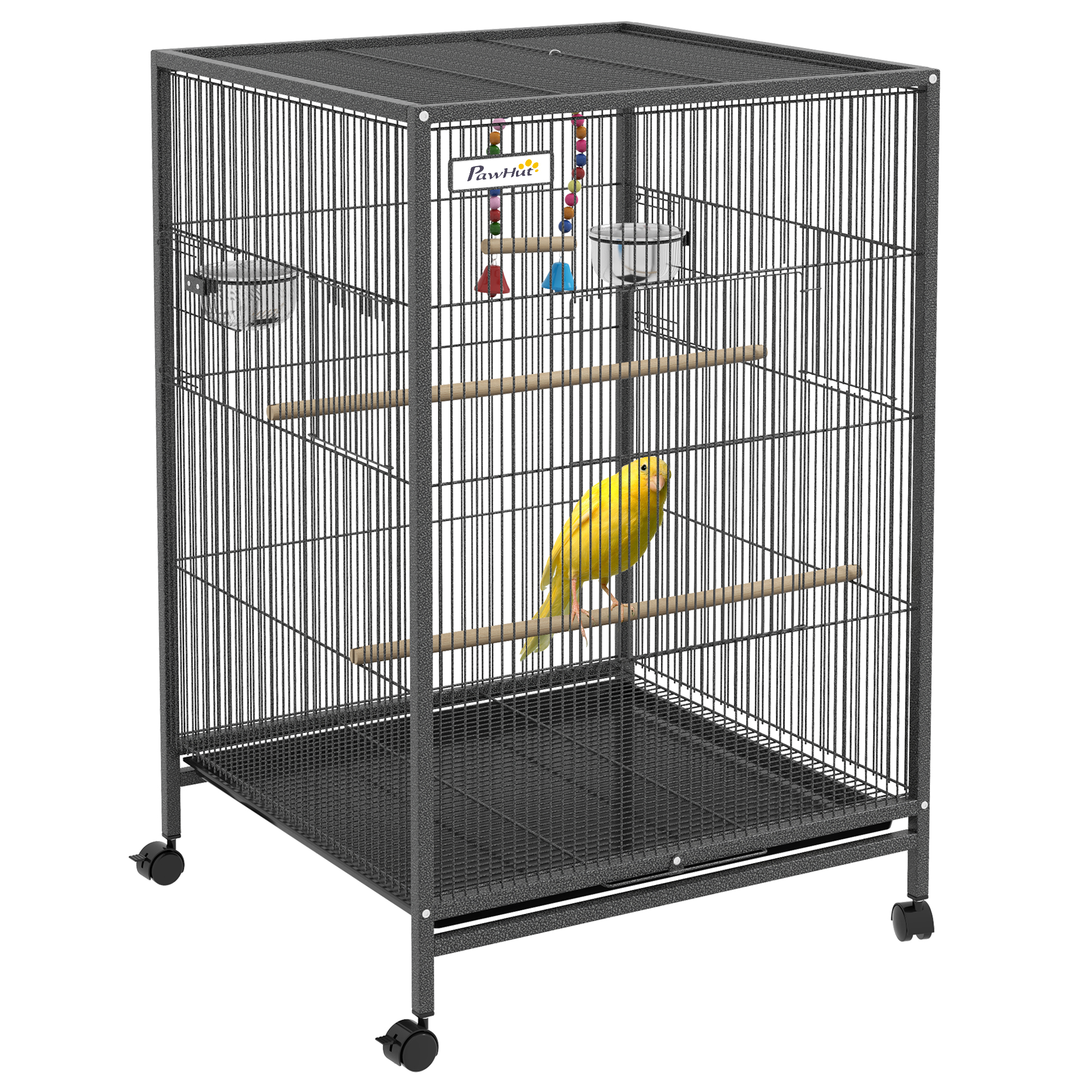 Pawhut Metal Bird Cage with Stand for Parrots, Lovebirds, Finches, Large Bird Cage with Swing, Stainless Steel Bowls, Removable Tray for Small Birds, Gray