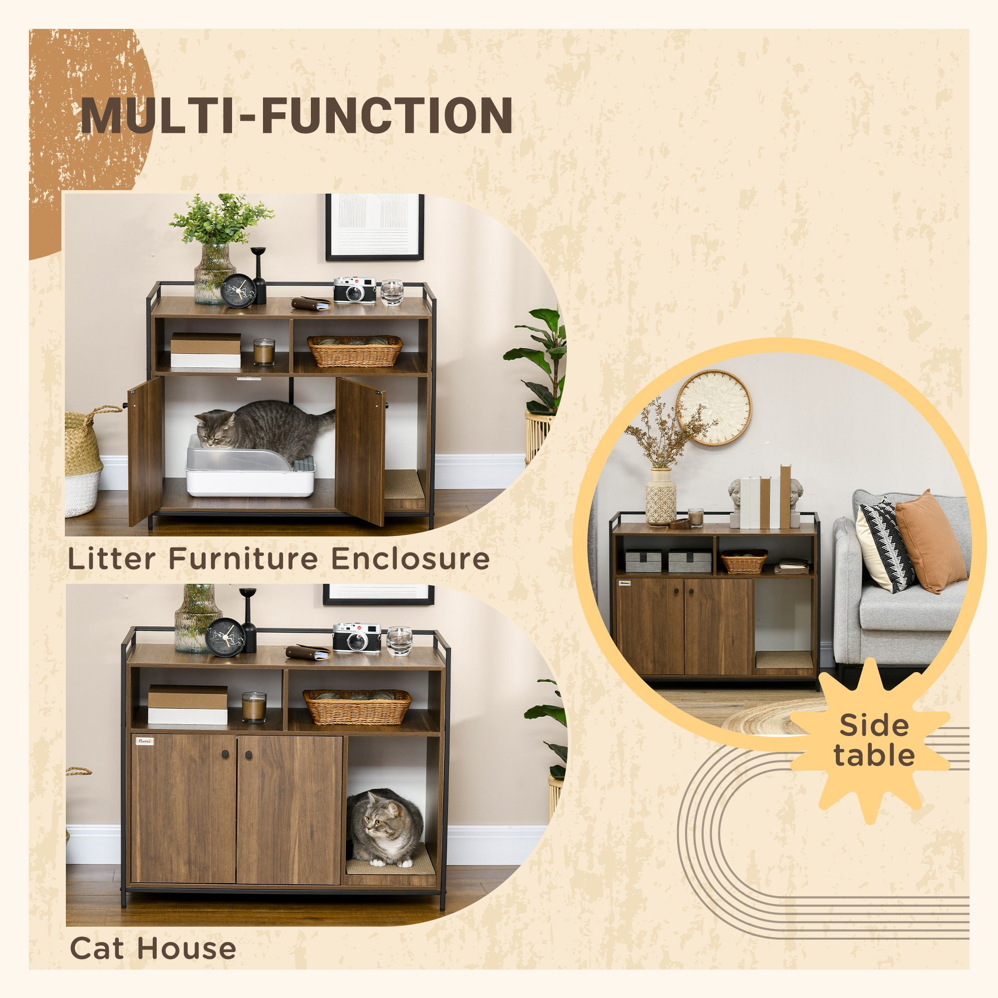 PawHut Cat litter box cabinet, Hidden Cat Litter Box with Scratching Pad, Storage, Double Doors, Furniture Style, Brown