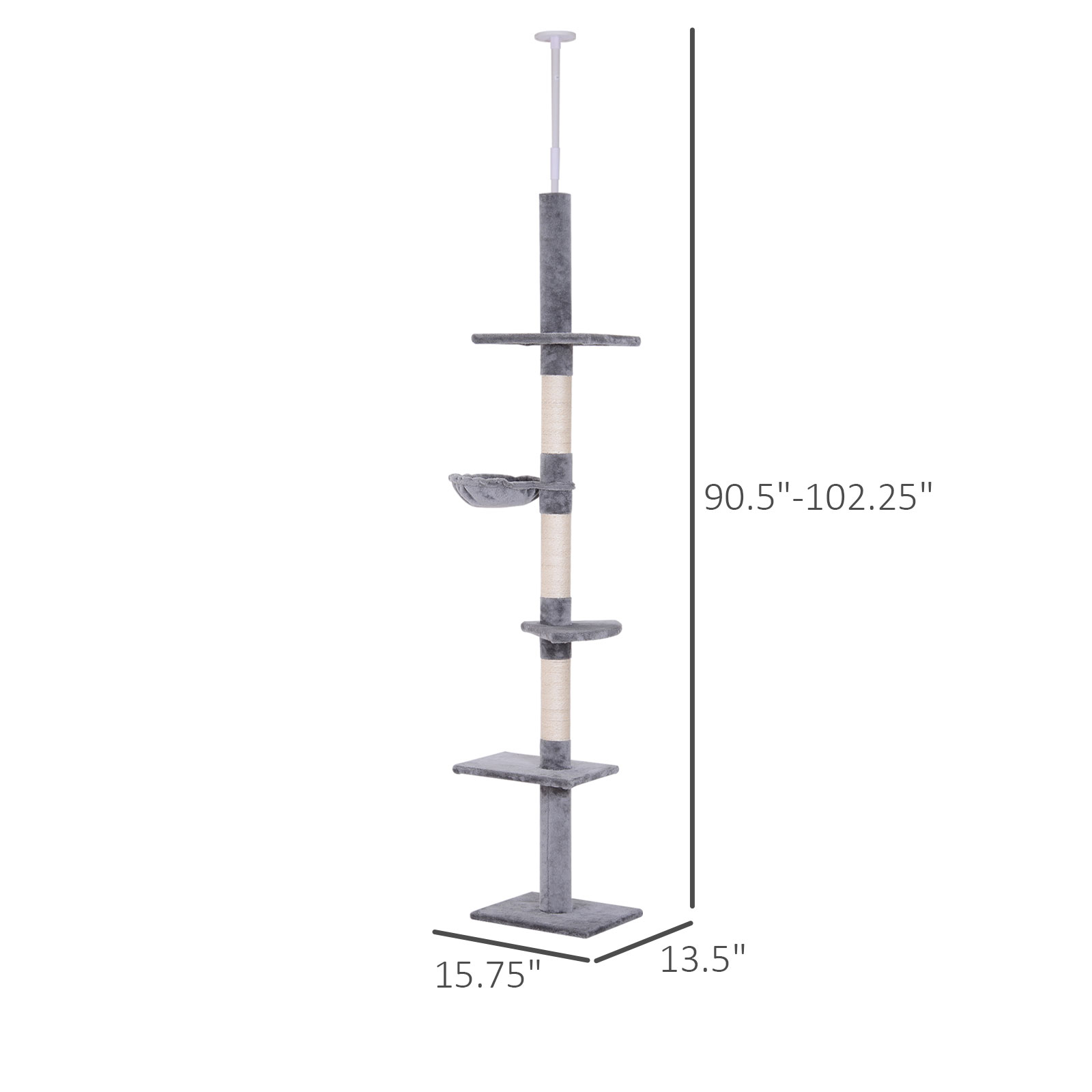 PawHut 9' Adjustable Height Floor-To-Ceiling Vertical Cat Tree - Grey and White