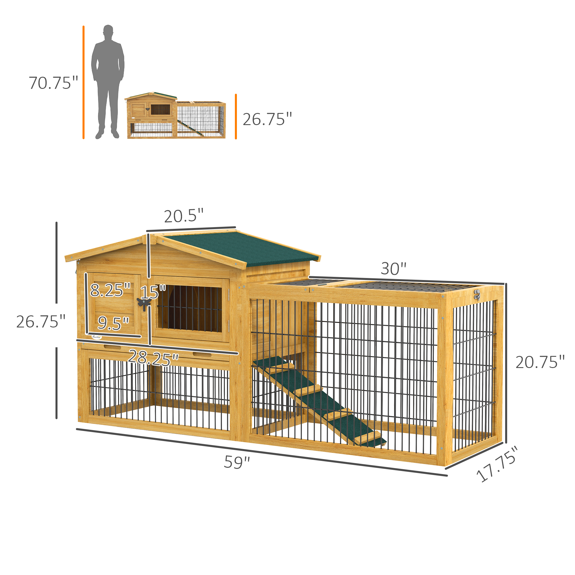 PawHut 2 Levels Outdoor Rabbit Hutch with Openable Top, 59" Wooden Large Rabbit Cage with Run Weatherproof Roof, Removable Tray, Ramp, Yellow