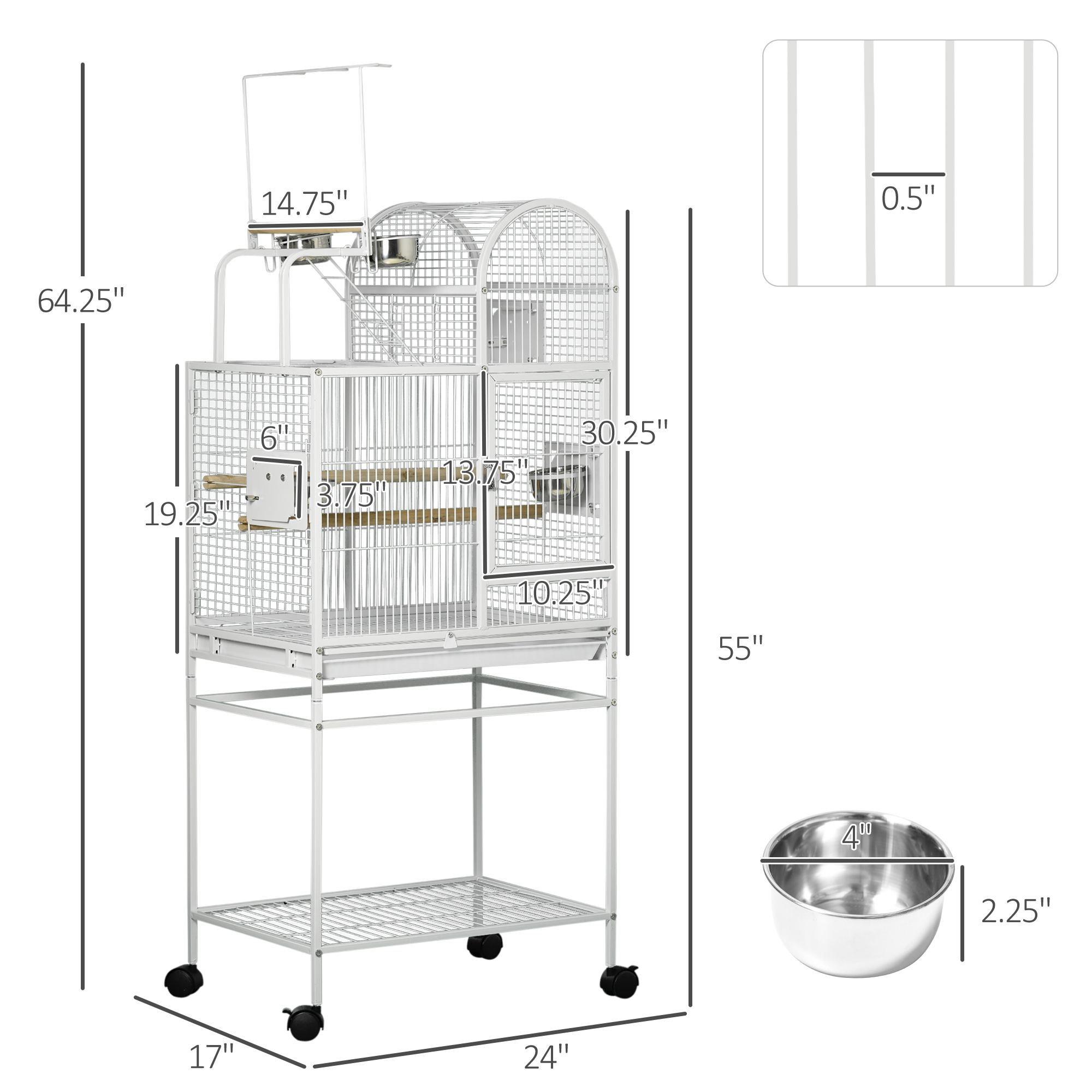 PawHut 55" Large Parrot Cage with Toy Hooks Above Top Bird Perch, Tray, Food Cups, Rolling Stand, Bird Cage for Cockatiels, Parakeets, Lovebirds