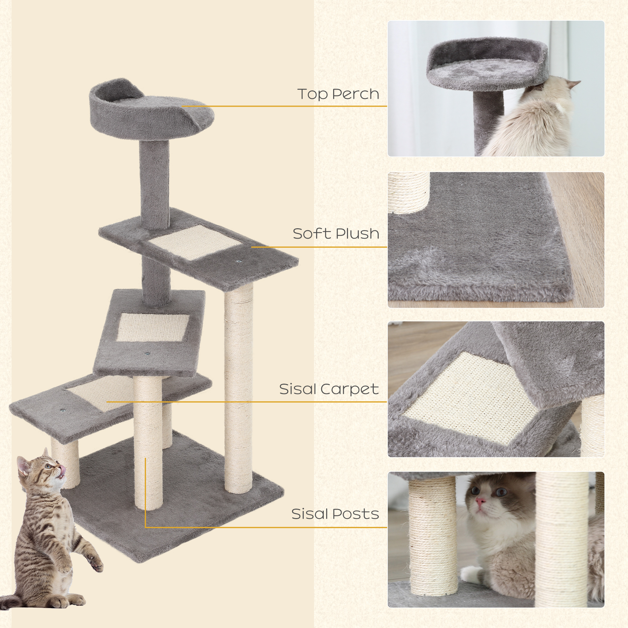 PawHut 40" 5-Level Revolving Stair Cat Tree Scratcher Climbing Activity Tower with Play Center and Resting Perch, Grey