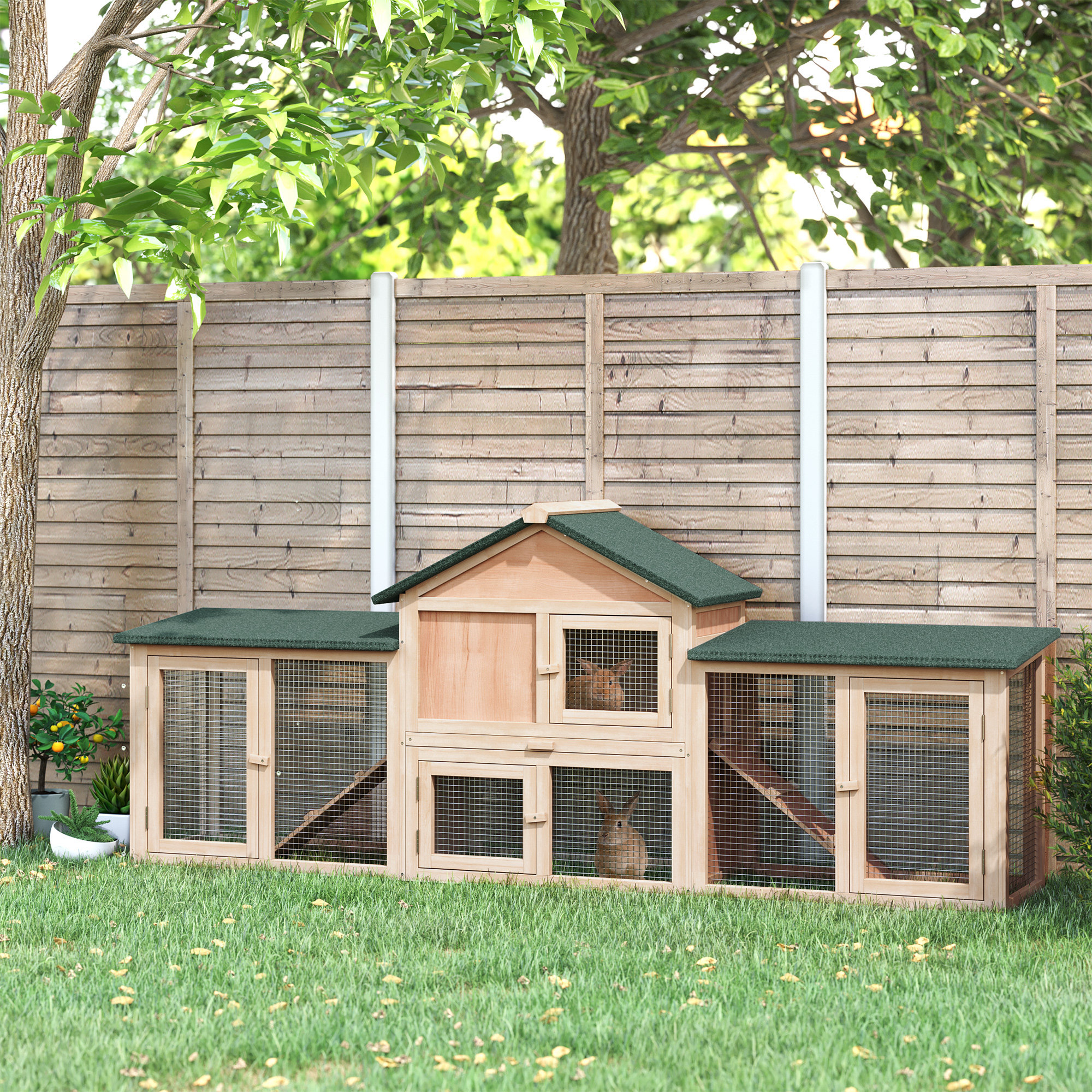 PawHut 83"L Outdoor Rabbit Hutch, Guinea Pig Cage Indoor Outdoor Wooden Bunny Hutch with Double Runs, Weatherproof Roof, Removable Tray, Ramps, Natural