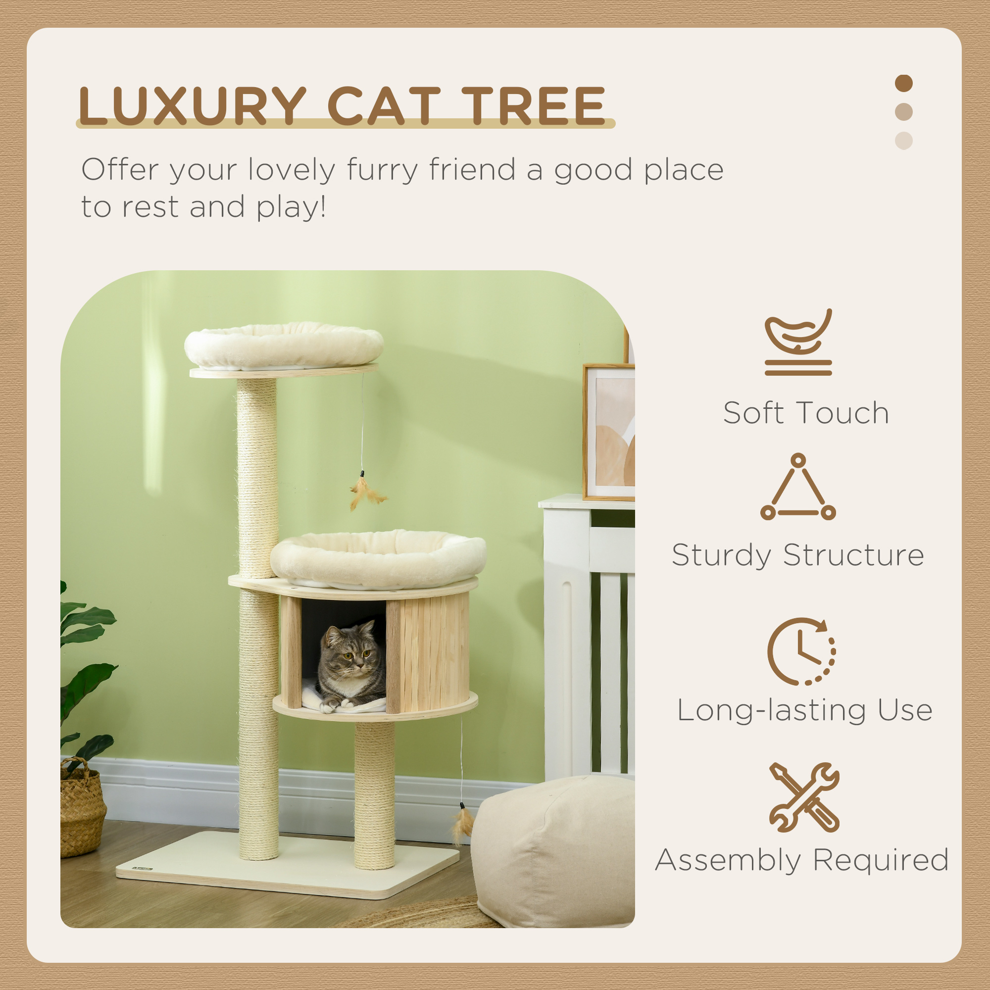 PawHut 3-Level Cat Tree with Sisal Scratching Posts, Fun Cat Badminton Toy for Playing, Soft Cushions, & Play Areas