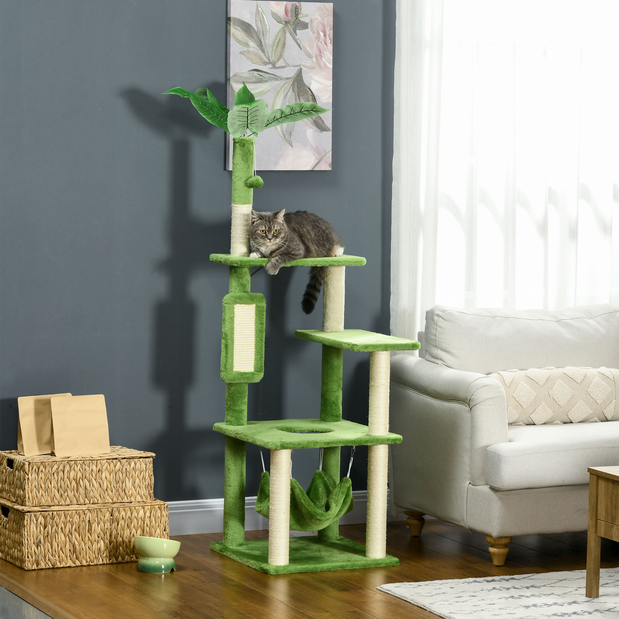 PawHut 56" Cat Tree for Indoor Cats with Hammock, Cat Tower with Scratching Post, Platforms, Play Ball and Anti-tipping Device, for Indoor Cats, Green