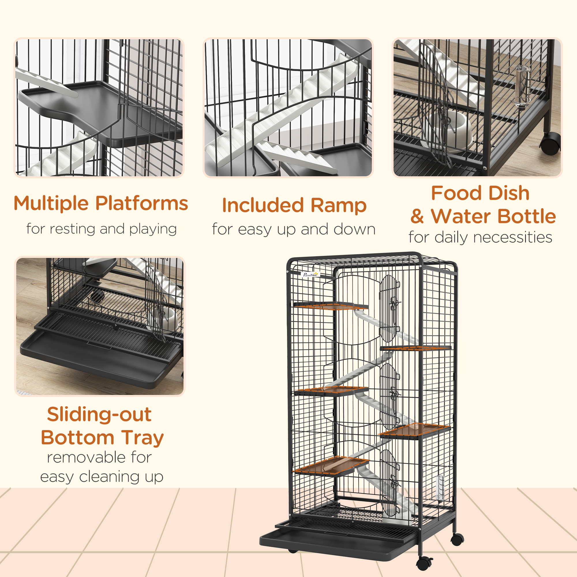 PawHut 6 Level Small Animal Cage for Dwarf Rabbits, Pet Minks, and Chinchillas w/ Removable Tray, Ramp, Water Bottle, Food Dish, Small Pet Cage for Indoor Use, Black