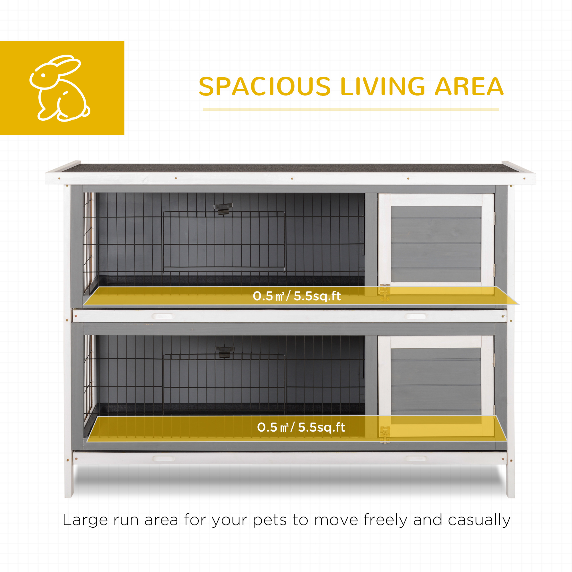 PawHut 54" 2-Story Large Rabbit Hutch Bunny Cage Wooden Pet House Small Animal Habitat with Lockable Doors, No Leak Tray and waterproof Roof for Outdoor/Indoor Dark Grey