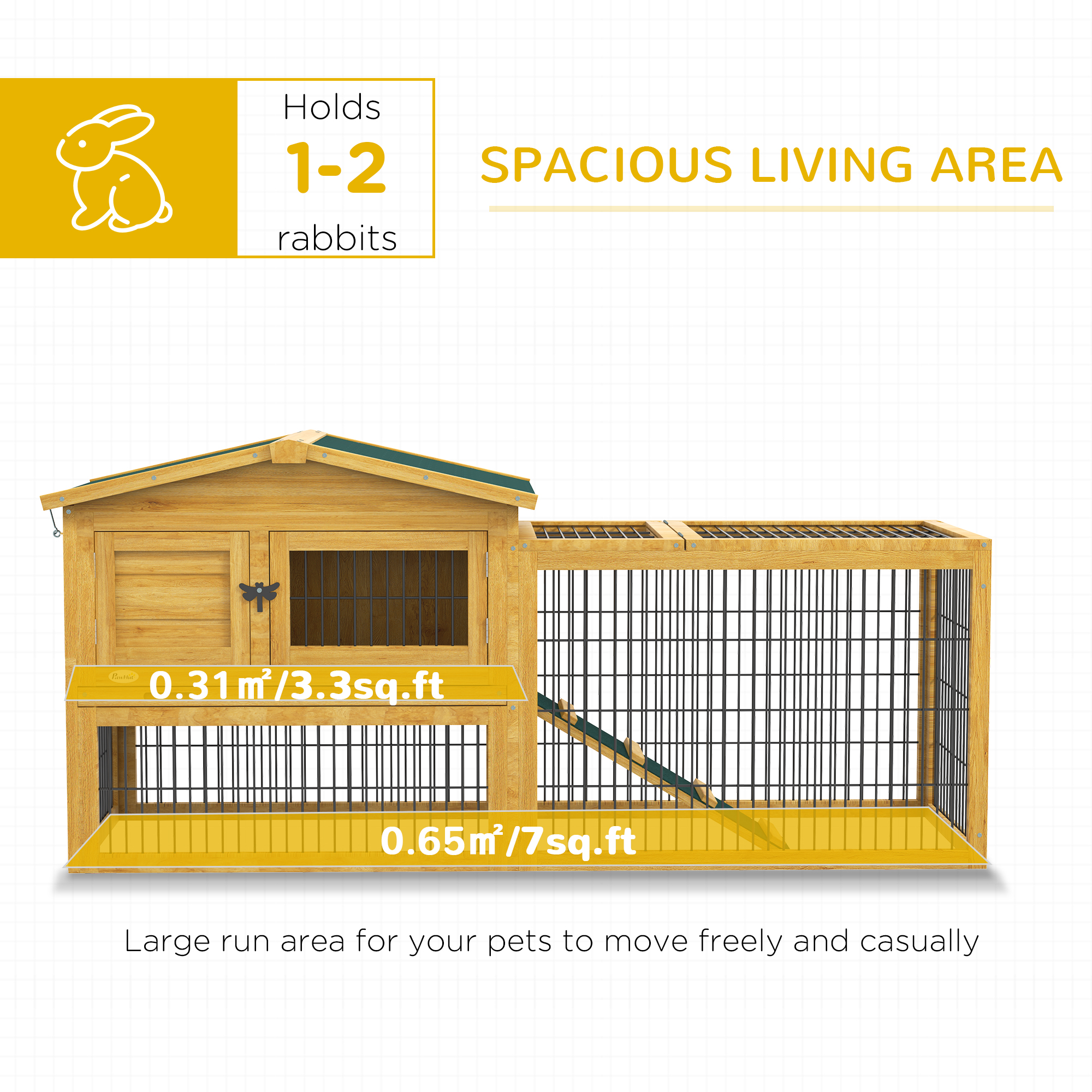 PawHut 2 Levels Outdoor Rabbit Hutch with Openable Top, 59" Wooden Large Rabbit Cage with Run Weatherproof Roof, Removable Tray, Ramp, Yellow