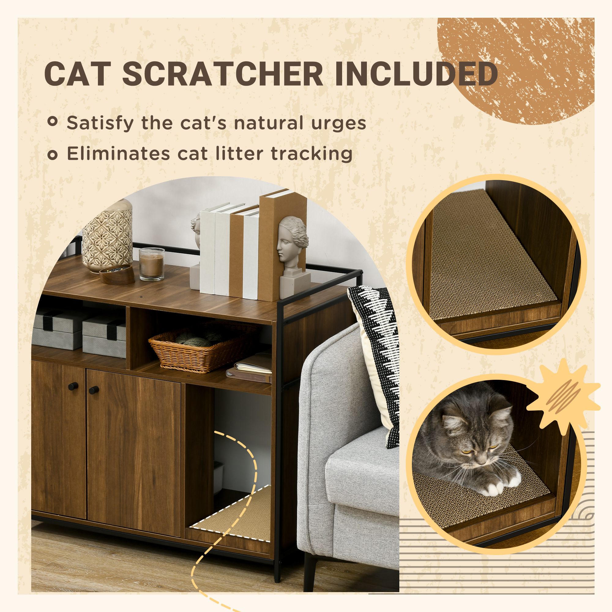 PawHut Cat litter box cabinet, Hidden Cat Litter Box with Scratching Pad, Storage, Double Doors, Furniture Style, Brown