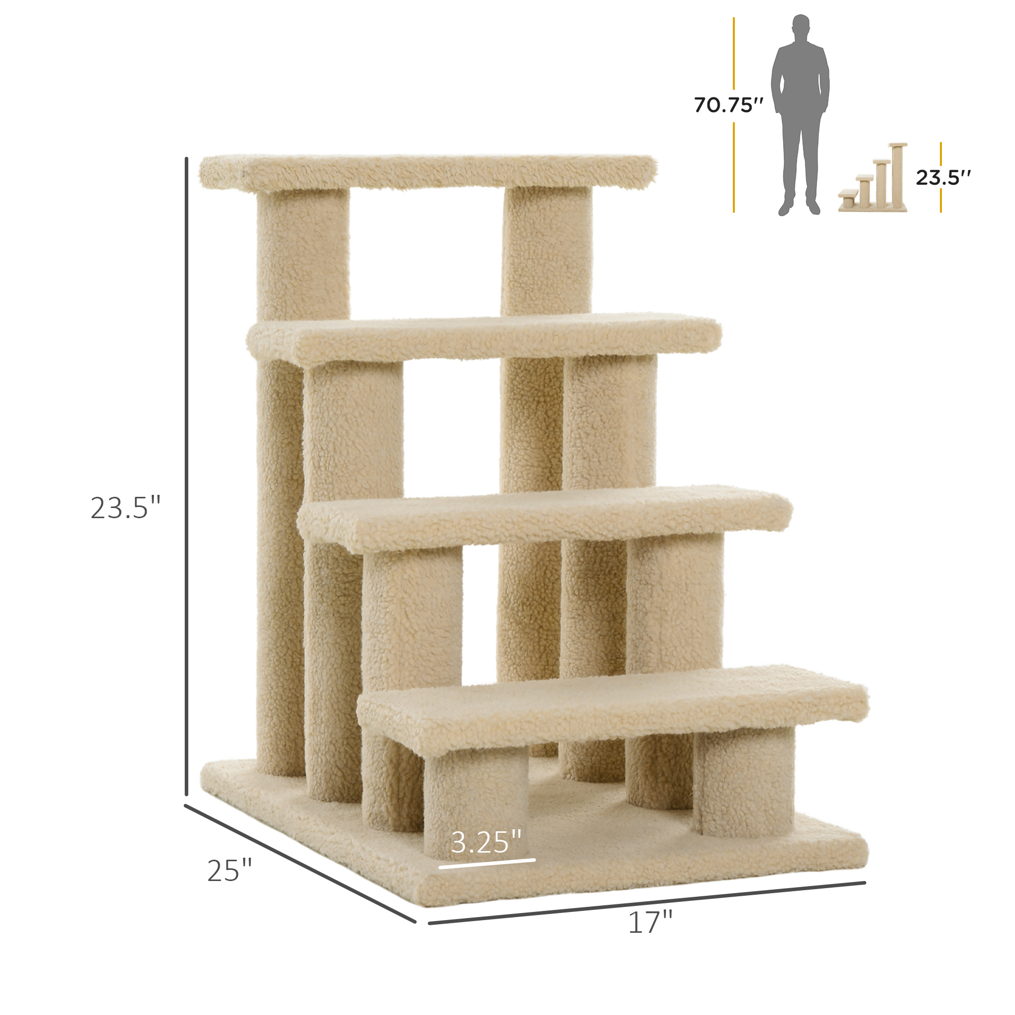 PawHut 25" 4-Step Multi-Level Carpeted Cat Scratching Post Pet Stairs, Beige