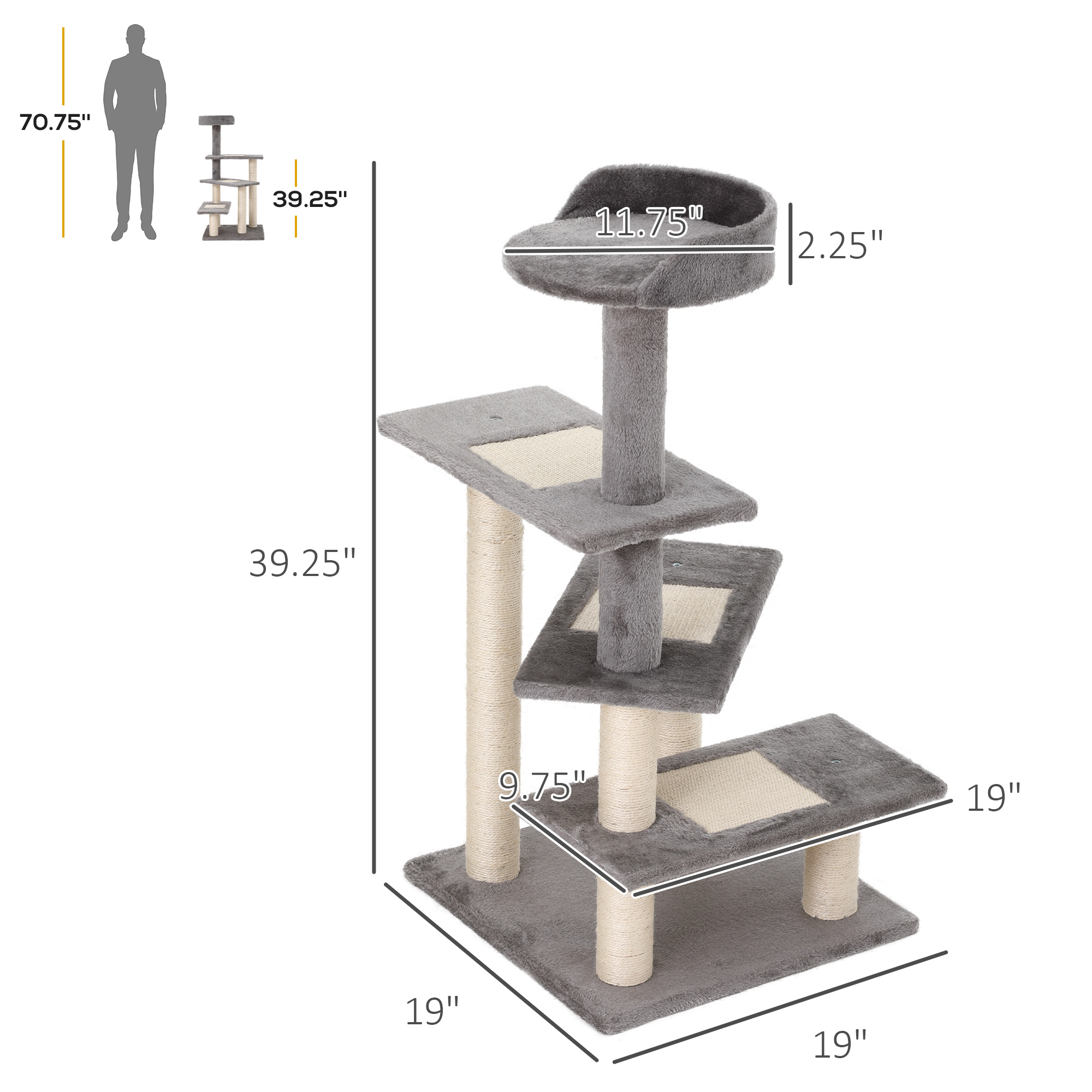 PawHut 40" 5-Level Revolving Stair Cat Tree Scratcher Climbing Activity Tower with Play Center and Resting Perch, Grey