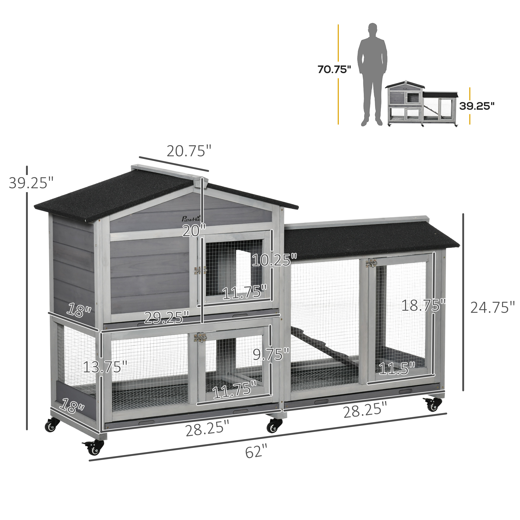 PawHut 62" Wooden Rabbit Hutch, Bunny Cage, Pet Playpen House with Wheels, Run Box, No Leak Tray, and Ramp for Small Animals, Indoor/Outdoor Use, Light Gray