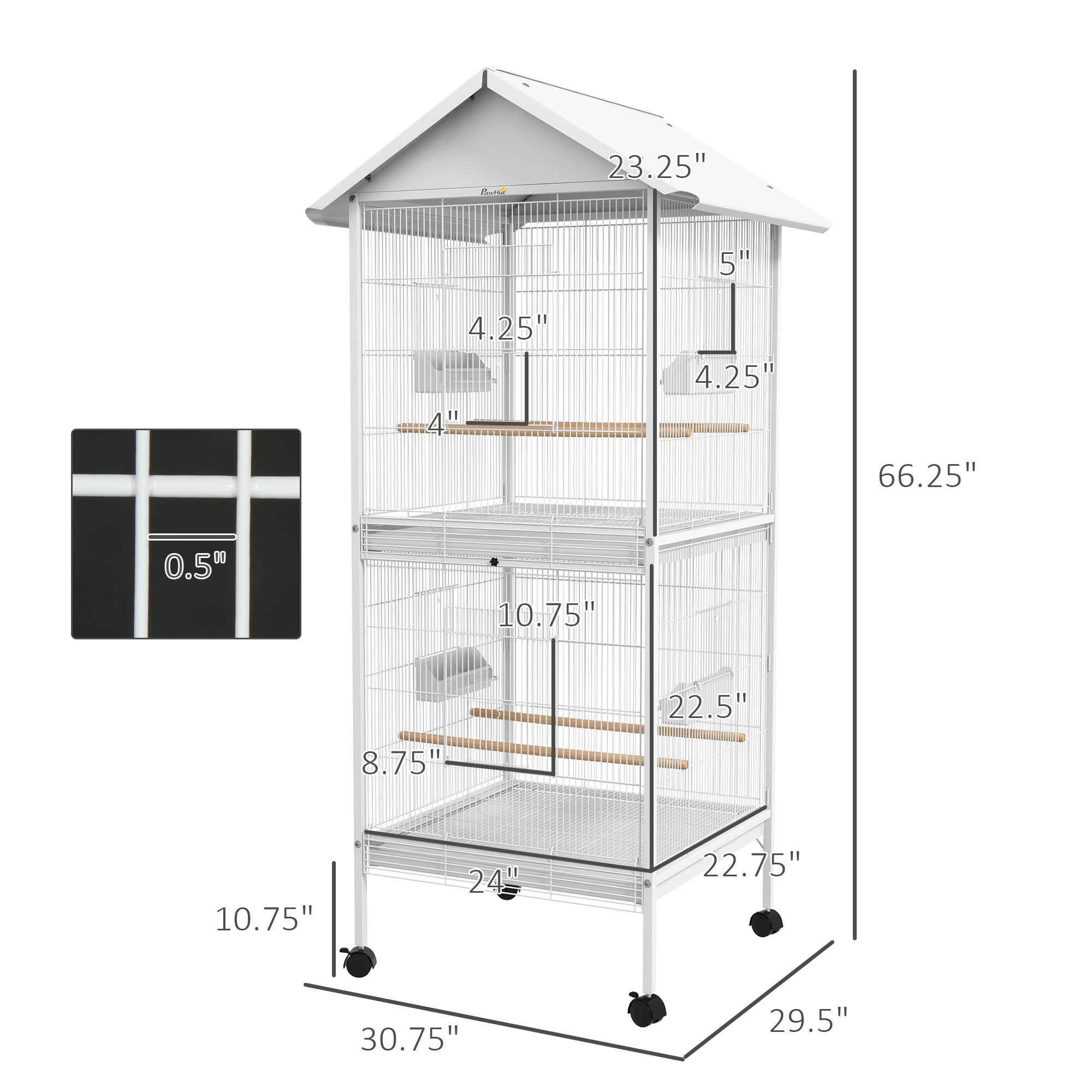 PawHut Wrought Metal Bird Cage Feeder with Rolling Stand Perches Food Containers Doors Wheels 67" H, White