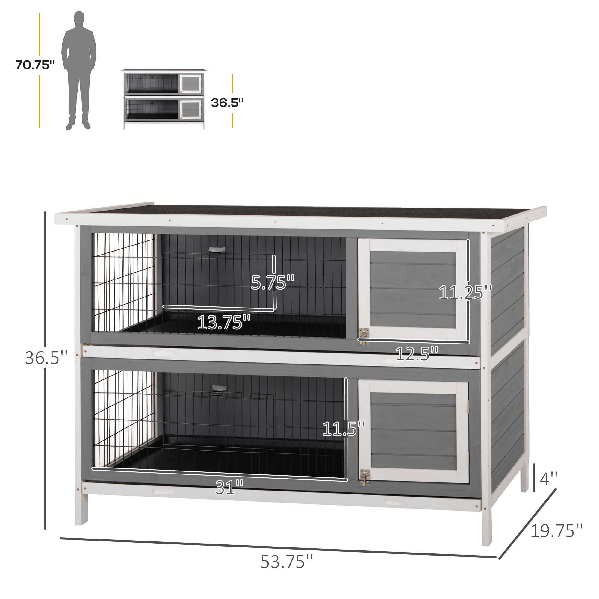 PawHut 54" 2-Story Large Rabbit Hutch Bunny Cage Wooden Pet House Small Animal Habitat with Lockable Doors, No Leak Tray and waterproof Roof for Outdoor/Indoor Dark Grey