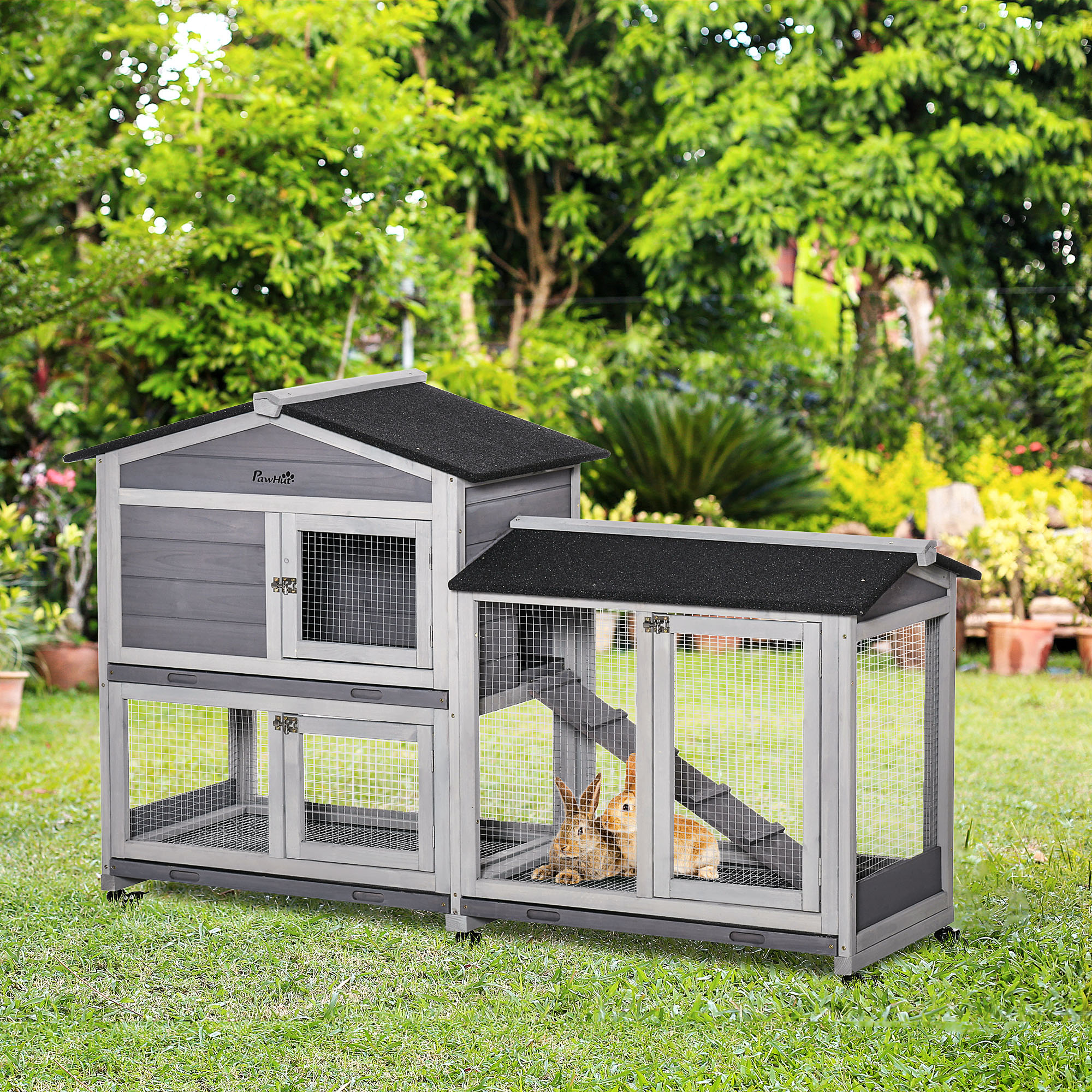 PawHut 62" Wooden Rabbit Hutch, Bunny Cage, Pet Playpen House with Wheels, Run Box, No Leak Tray, and Ramp for Small Animals, Indoor/Outdoor Use, Light Gray