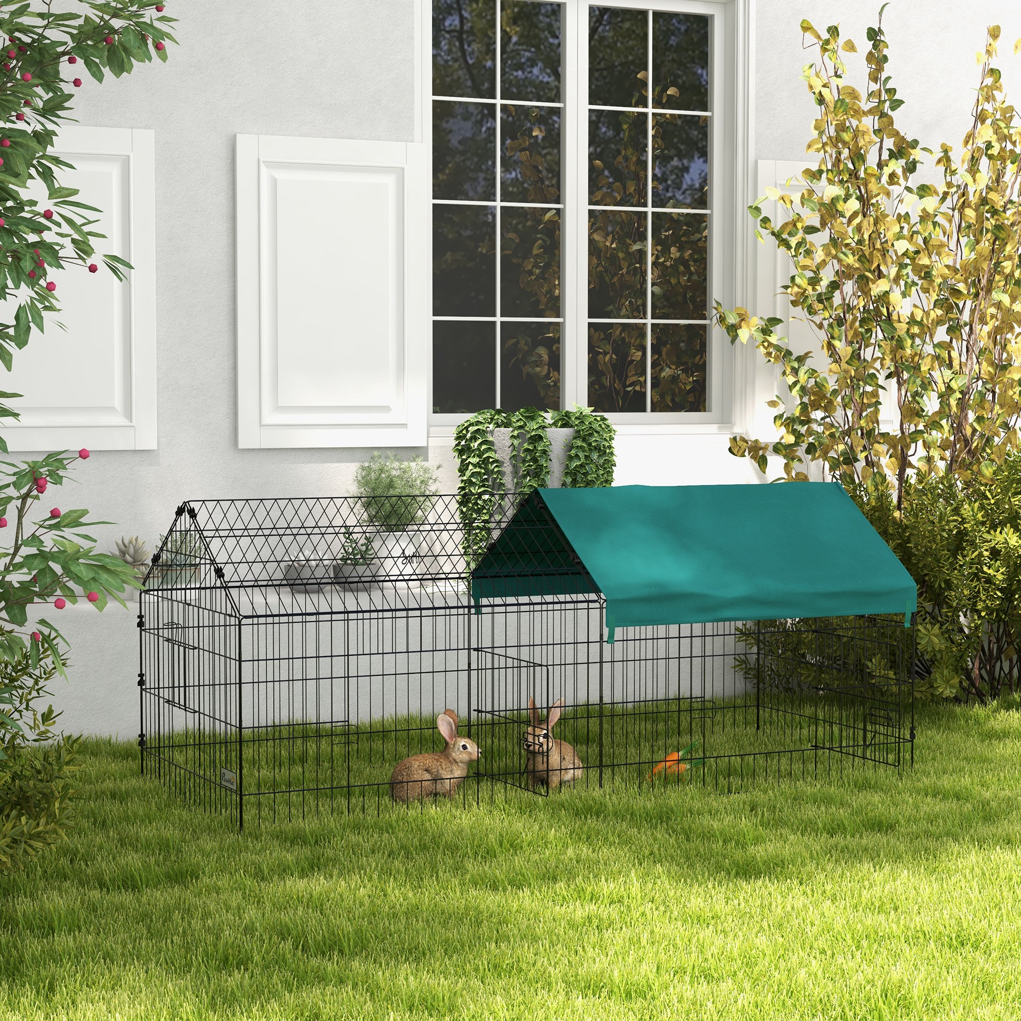 PawHut 73" Small Animal Playpen, Pet Playpen Yard Fence for Rabbits, Chicken, Chinchillas with Roof for Indoor & Outdoor, Green