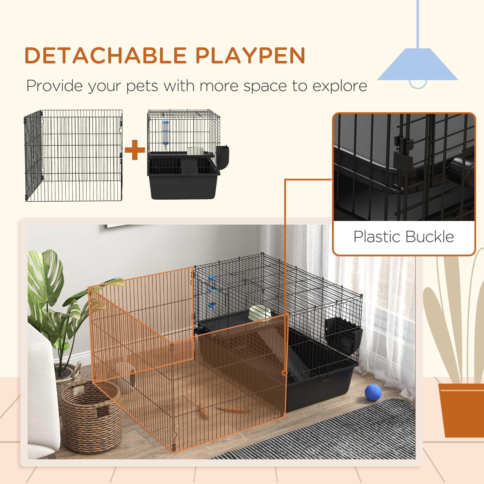 PawHut Small Animal Cage with Playpen, Pet Habitat Indoor for Guinea Pigs Hedgehogs Bunnies with Accessories, Water Bottle, Food Dish, Feeding Trough, 42" x 33" x 21"