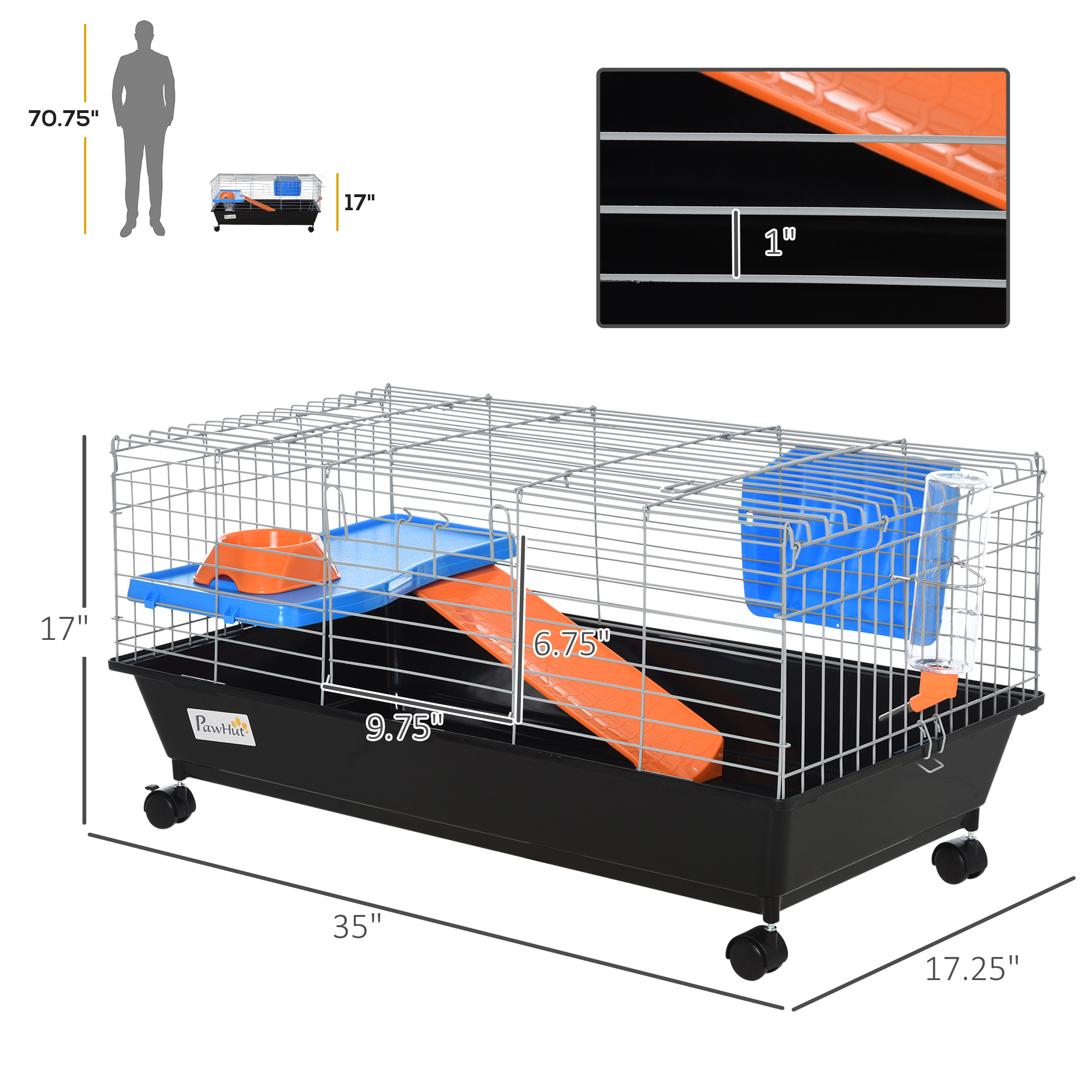 PawHut 35"L Small Animal Cage, Rolling Bunny Cage, Guinea Pig Cage with Food Dish, Water Bottle, Hay Feeder, Platform, Ramp for Ferret Chinchilla, Black