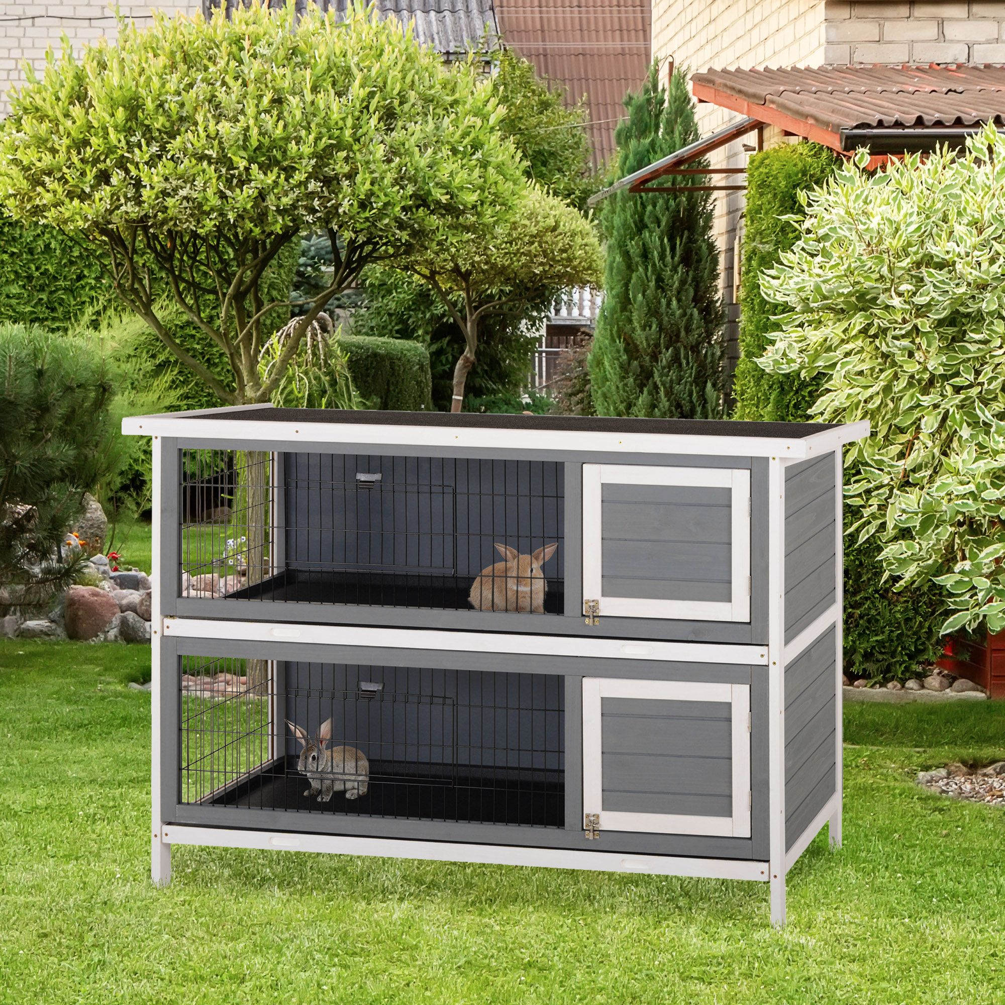 PawHut 54" 2-Story Large Rabbit Hutch Bunny Cage Wooden Pet House Small Animal Habitat with Lockable Doors, No Leak Tray and waterproof Roof for Outdoor/Indoor Dark Grey