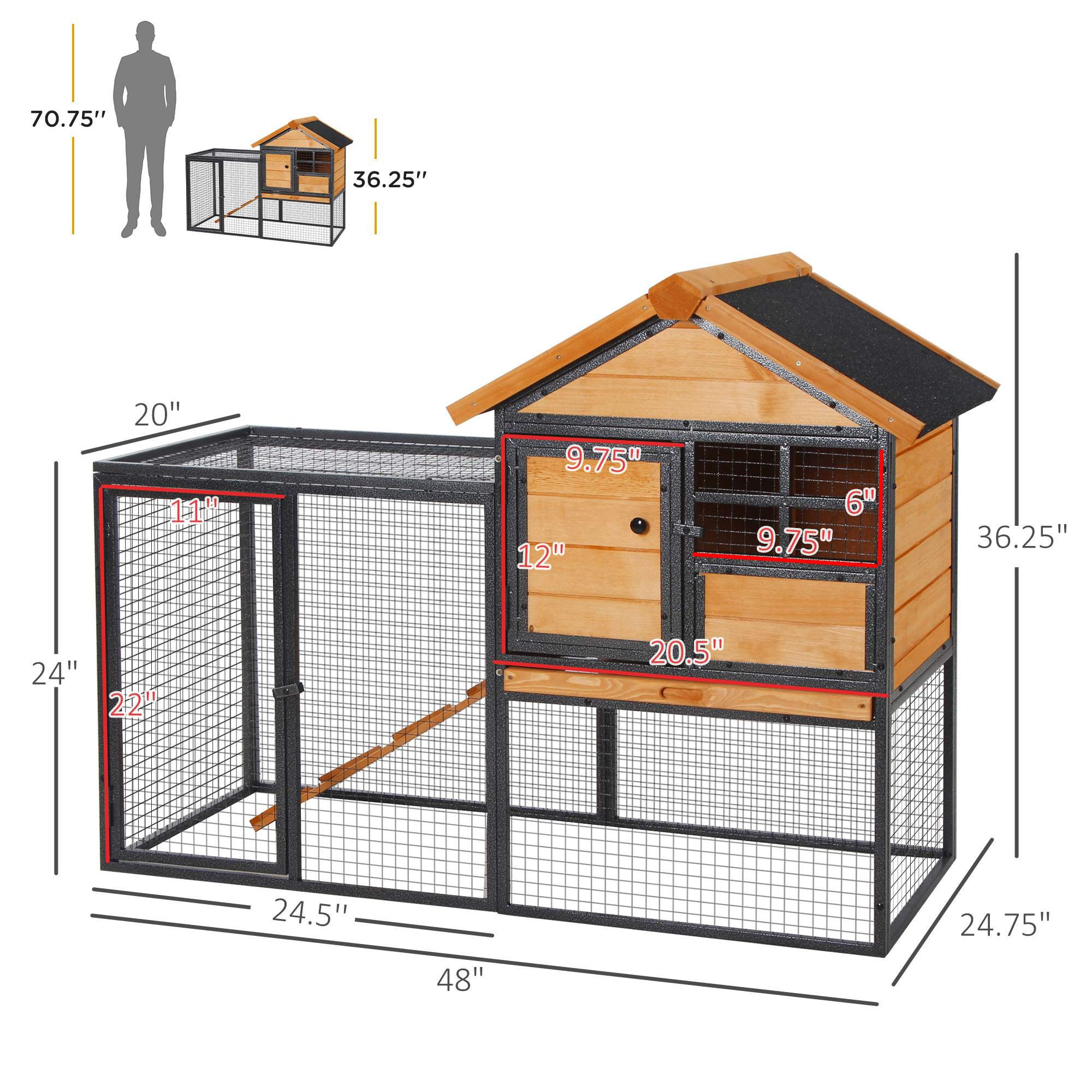 PawHut 2-Level Rabbit Hutch Bunny House with Weatherproof Asphalt Roof, Removable Tray and Ramp for Outdoor