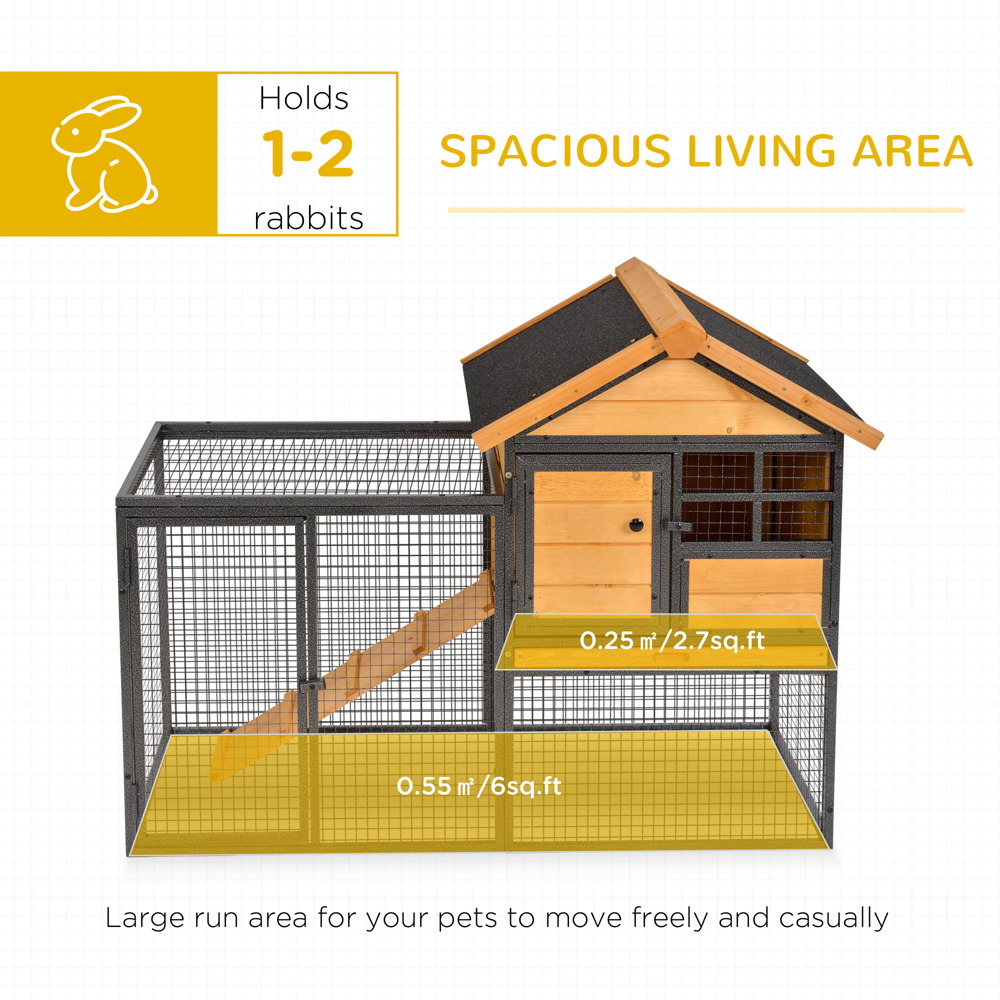 PawHut 2-Level Rabbit Hutch Bunny House with Weatherproof Asphalt Roof, Removable Tray and Ramp for Outdoor