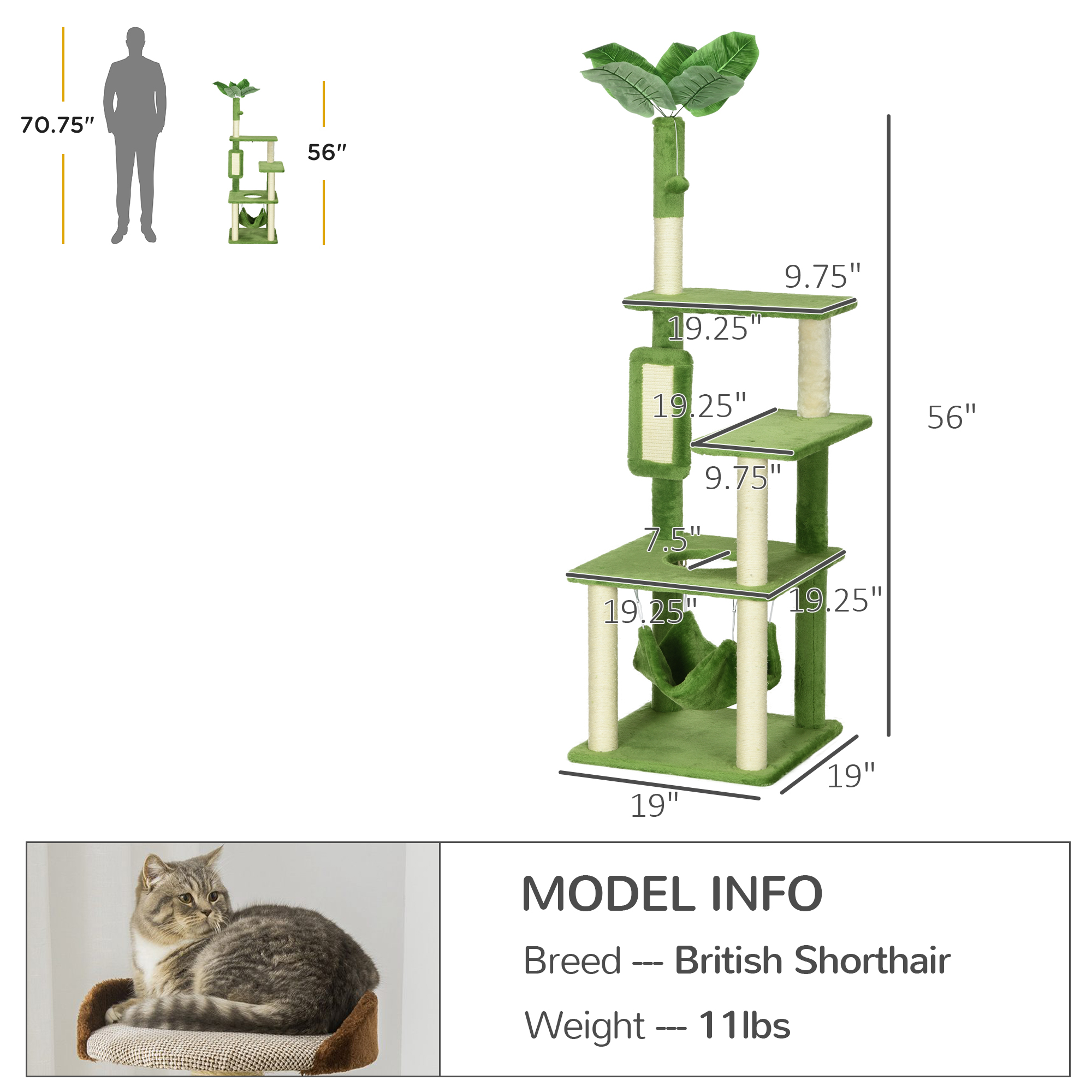 PawHut 56" Cat Tree for Indoor Cats with Hammock, Cat Tower with Scratching Post, Platforms, Play Ball and Anti-tipping Device, for Indoor Cats, Green