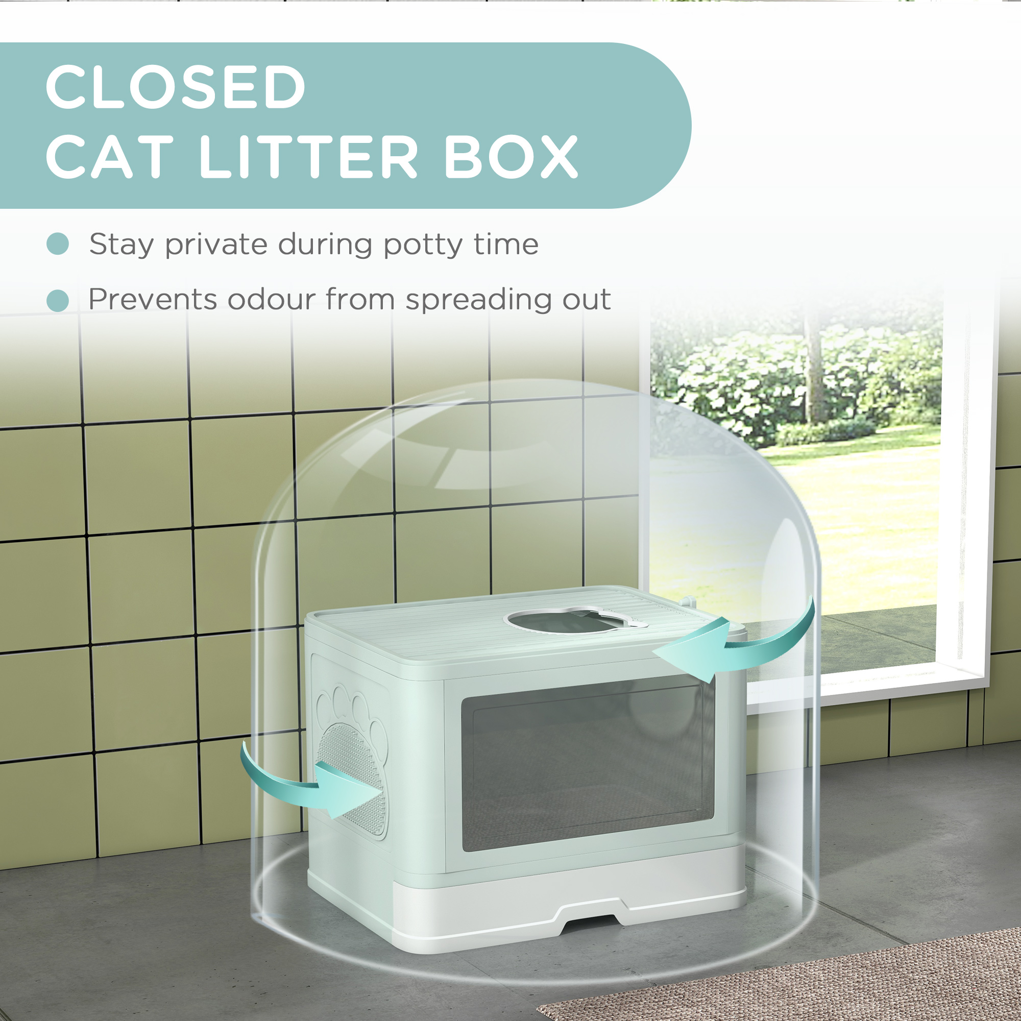 PawHut Cat Litter Box, Front Entry, Top Exit Cat Litter Tray, Odor Control Enclosed Cat Pan with Scoop, Pull-out Tray, Easy to Clean, Brush, Green