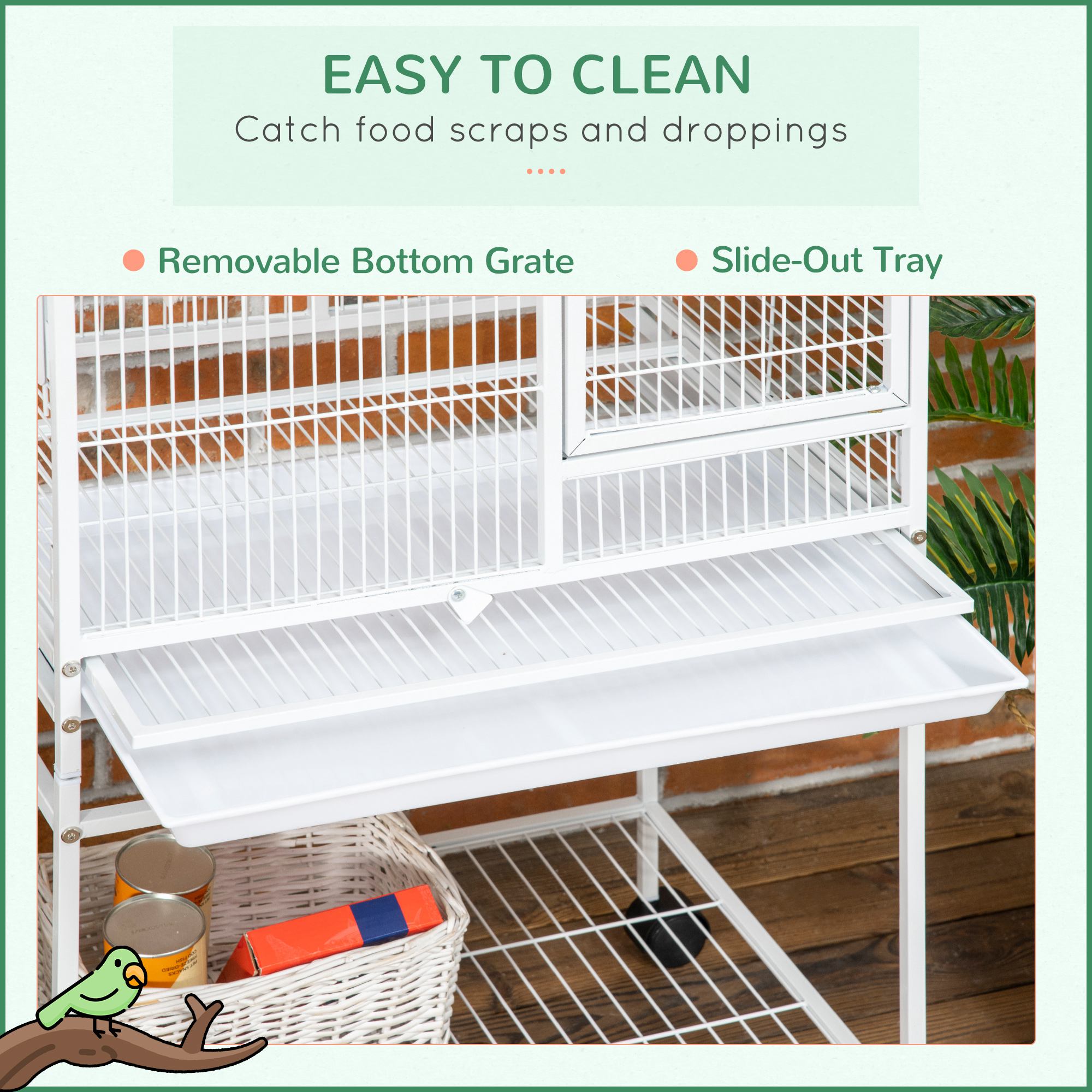 PawHut 55" Large Parrot Cage with Toy Hooks Above Top Bird Perch, Tray, Food Cups, Rolling Stand, Bird Cage for Cockatiels, Parakeets, Lovebirds