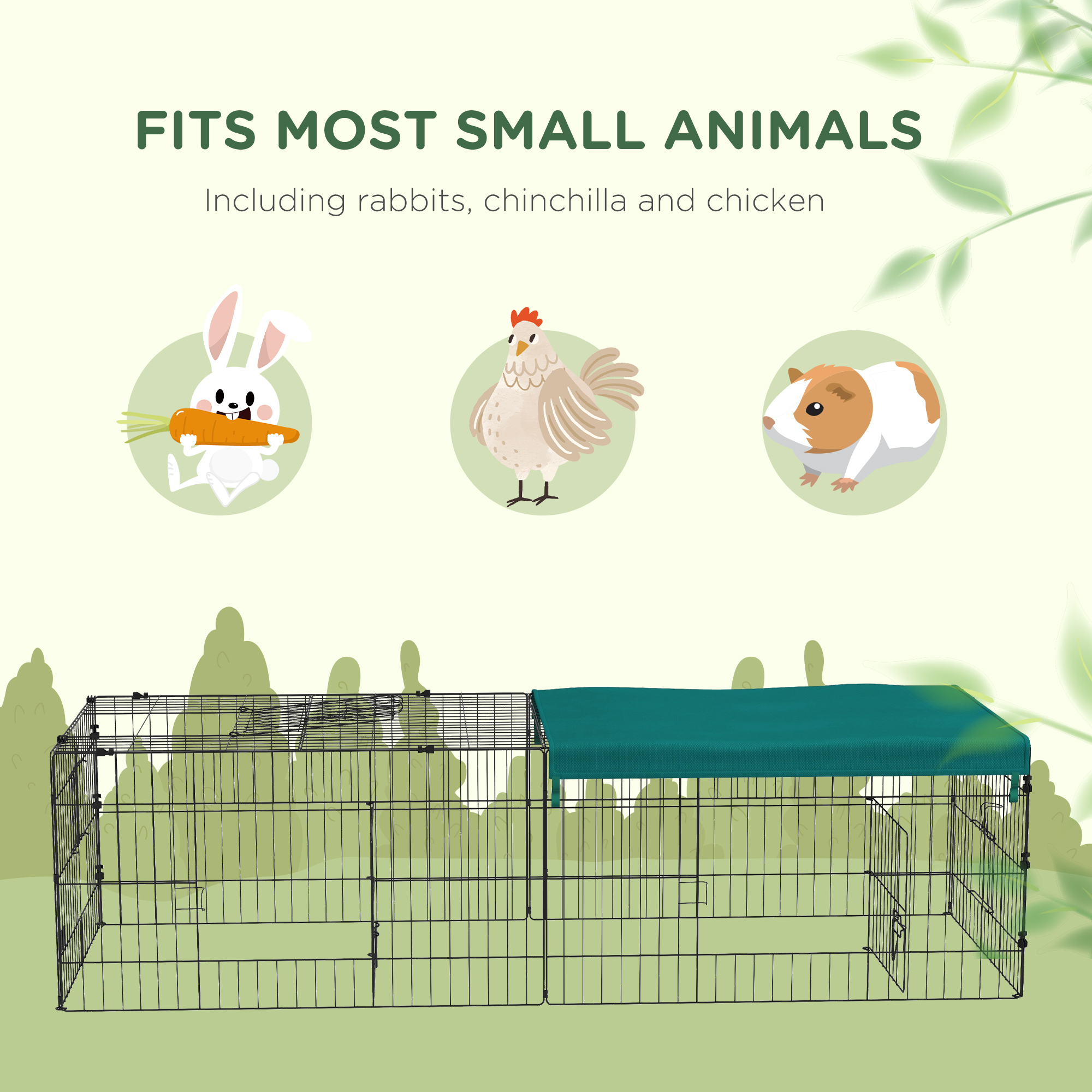 PawHut 73" Small Animal Playpen, Pet Playpen Yard Fence for Rabbits, Chicken, Chinchillas with Roof for Indoor & Outdoor, Green