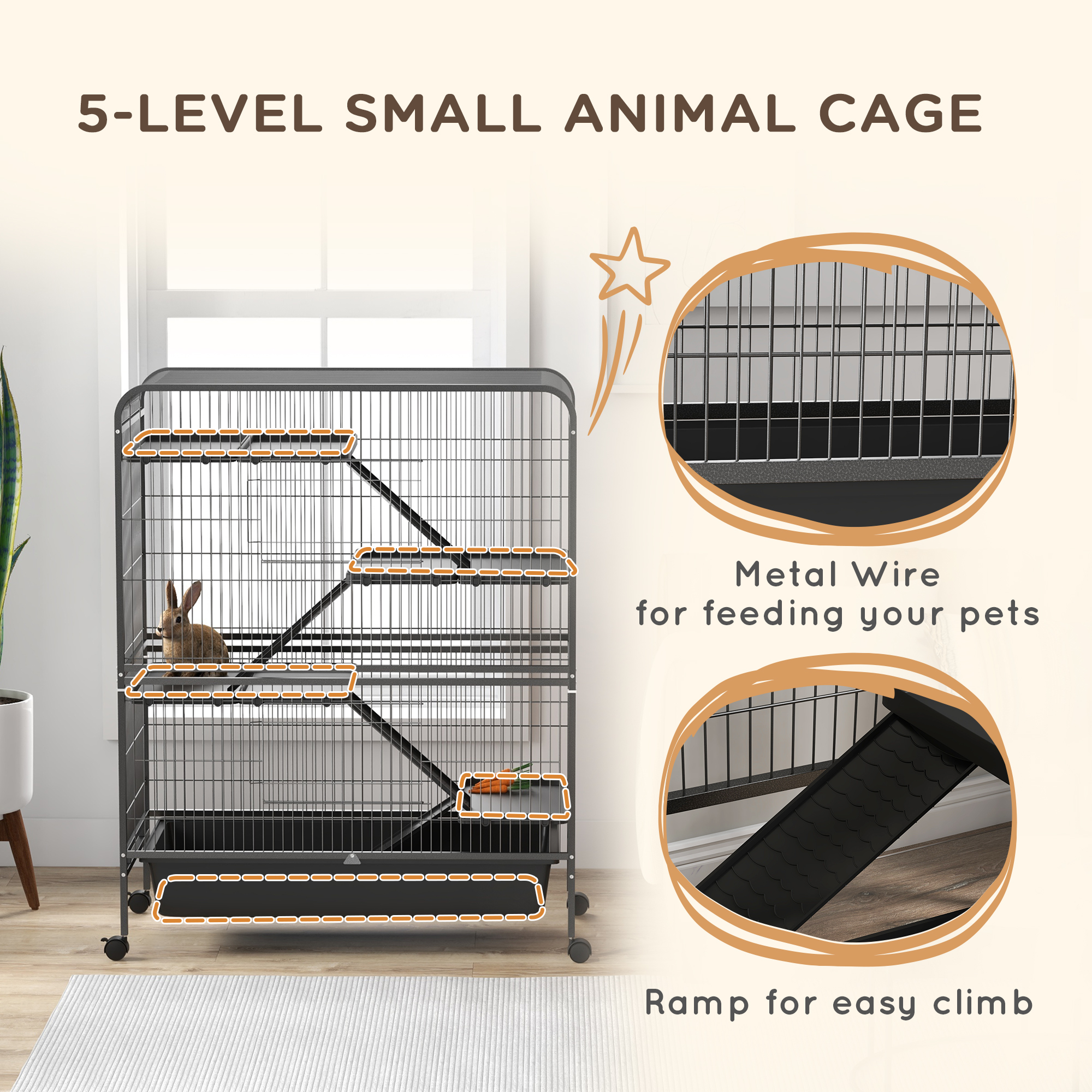 PawHut 53.5" Small Animal Cage, 5-Level Metal Ferret or Bunny Cage with Wheels, Chinchilla Cage with Removable Tray, 2 Front Doors, Ramps, Gray