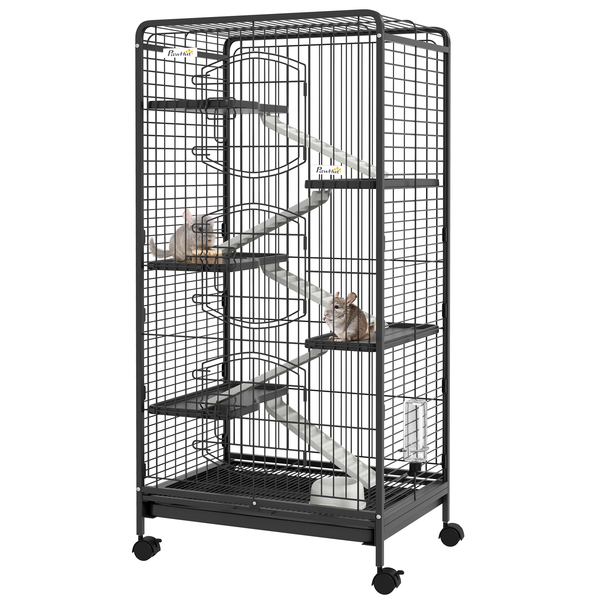 PawHut 6 Level Small Animal Cage for Dwarf Rabbits, Pet Minks, and Chinchillas w/ Removable Tray, Ramp, Water Bottle, Food Dish, Small Pet Cage for Indoor Use, Black