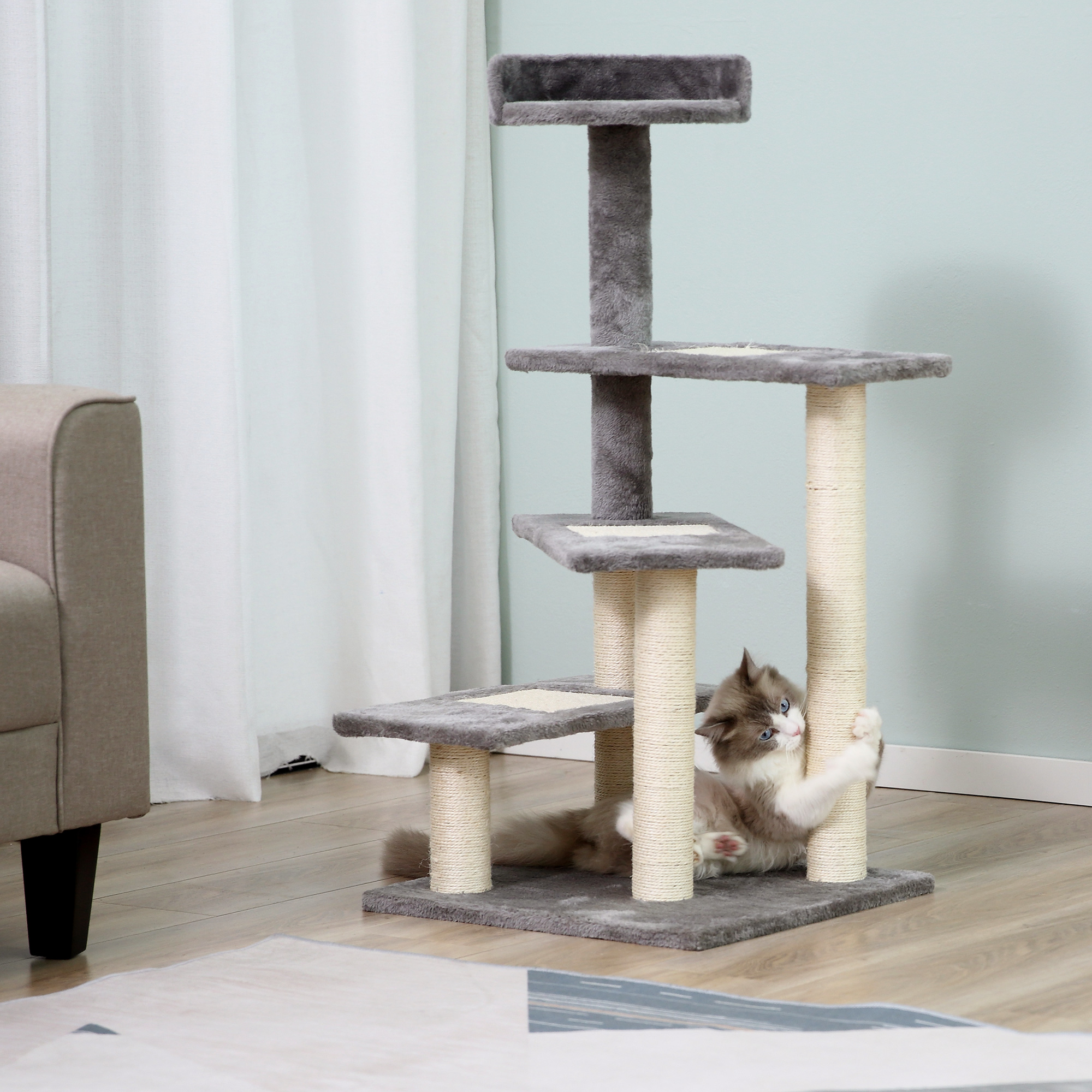 PawHut 40" 5-Level Revolving Stair Cat Tree Scratcher Climbing Activity Tower with Play Center and Resting Perch, Grey