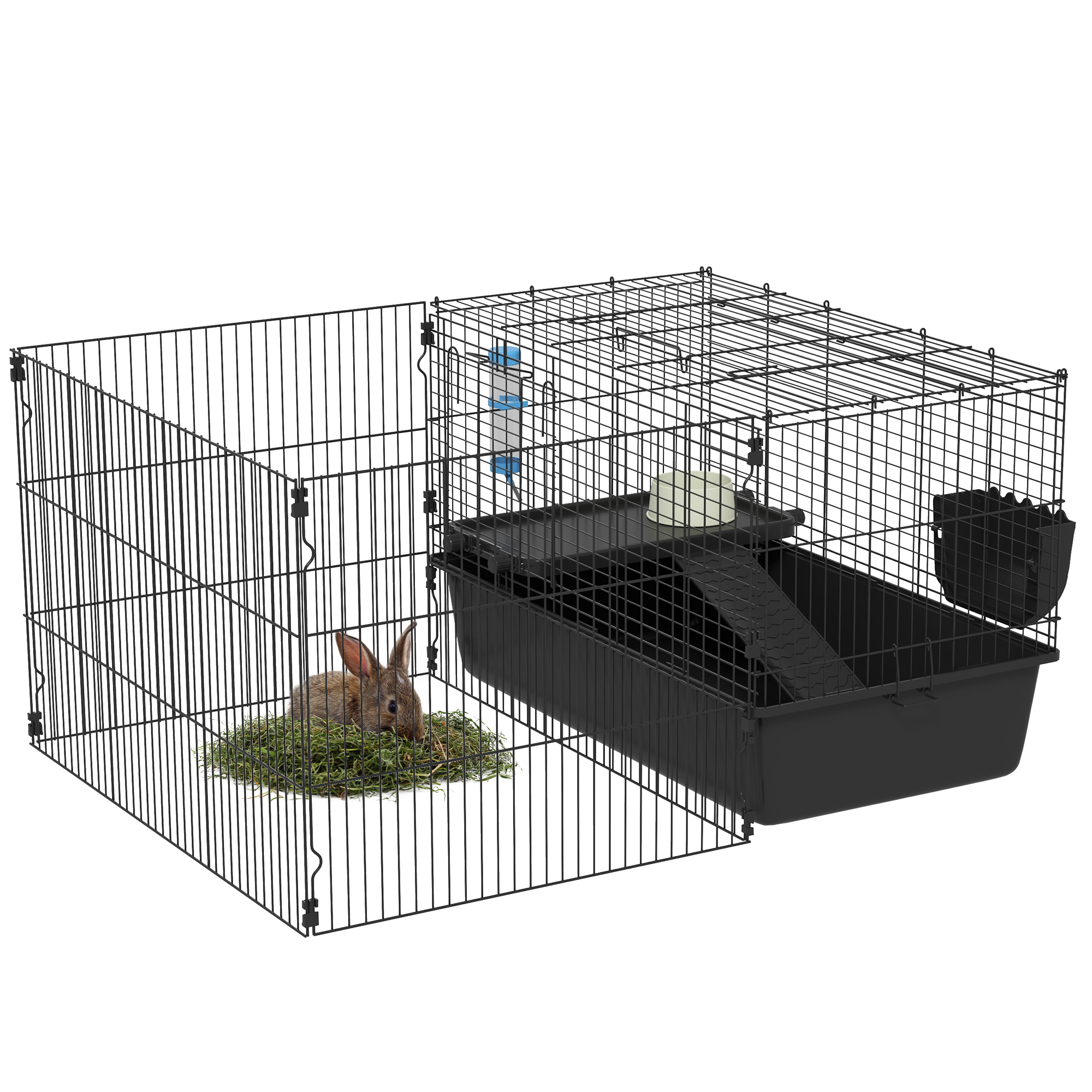 PawHut Small Animal Cage with Playpen, Pet Habitat Indoor for Guinea Pigs Hedgehogs Bunnies with Accessories, Water Bottle, Food Dish, Feeding Trough, 42" x 33" x 21"