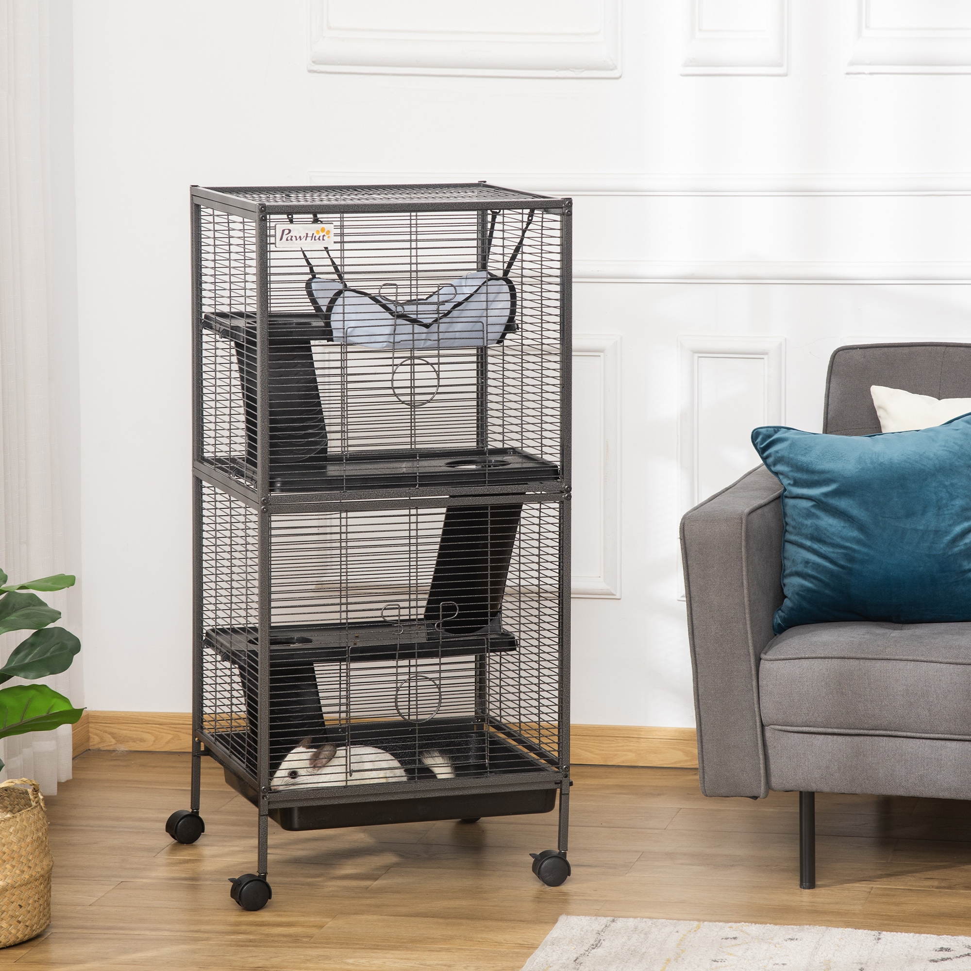 PawHut Metal Small Animal Cage Rolling Big Ferret Cage, Chinchilla Cage, Sugar Glider Cage, with Hammock & 4 Tiers, Removable Tray, Gray